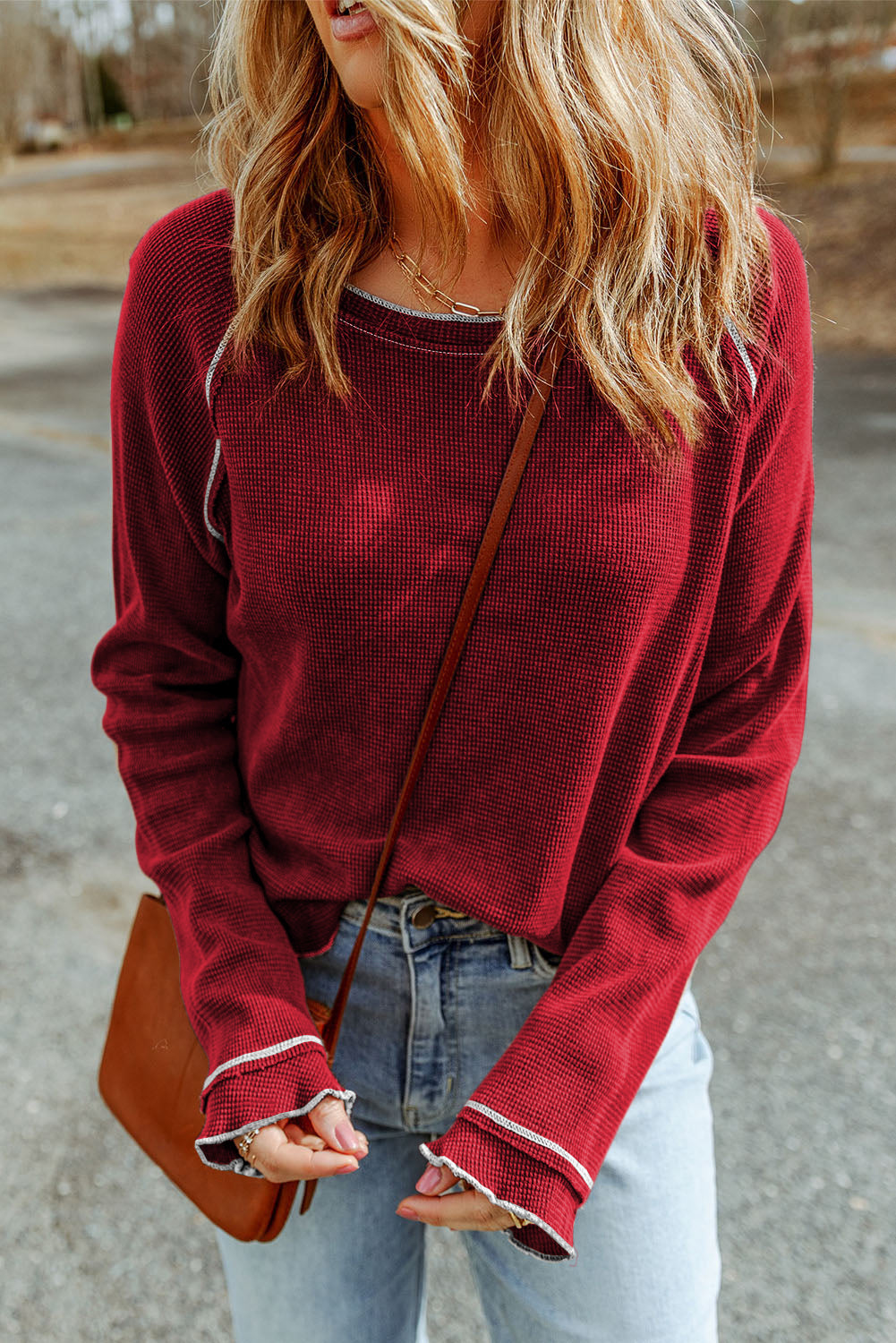 Women's Long-Sleeve Textured Round Neck Top