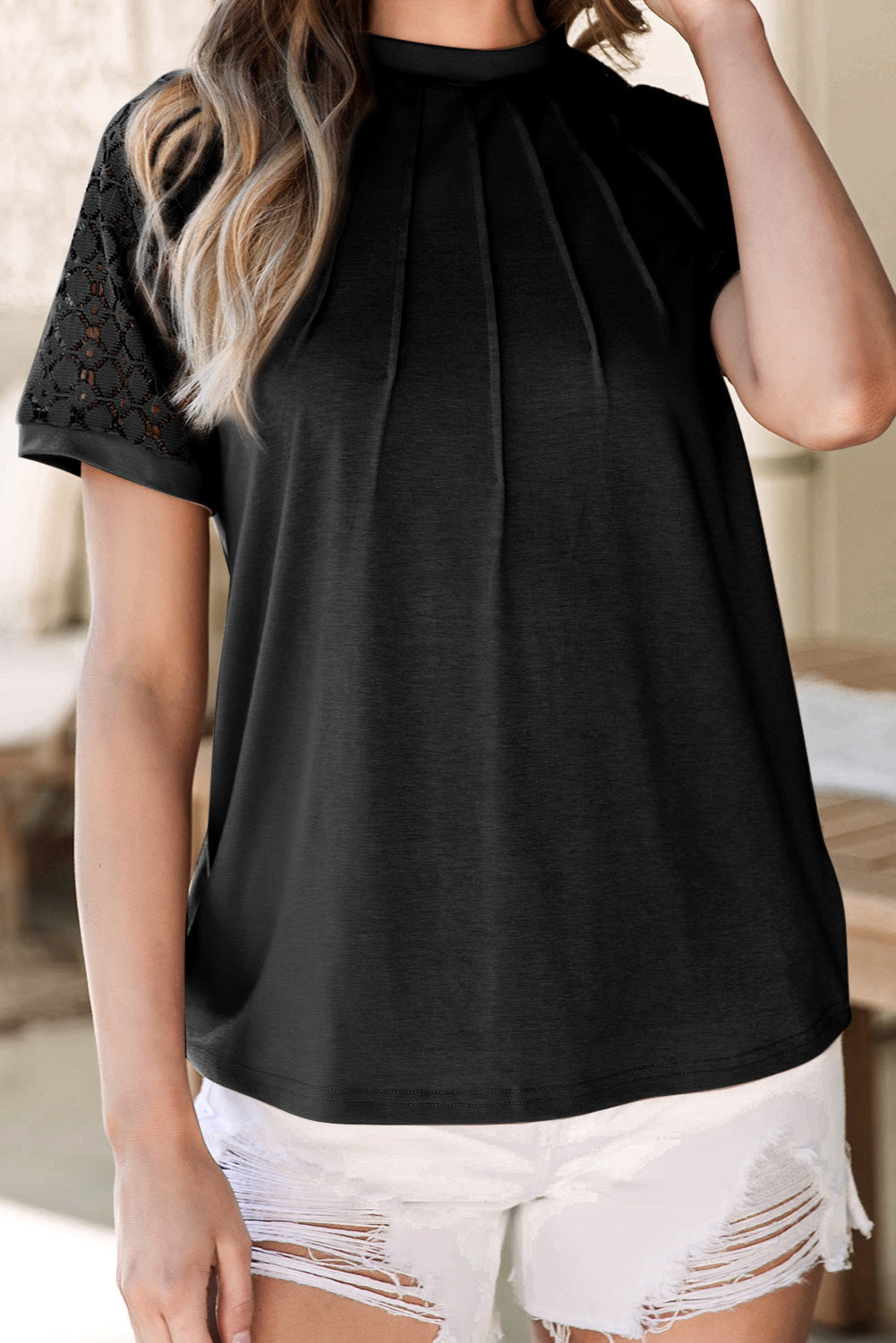 Women's Tee Featuring Seamed Contrast Lace-Trimmed Raglan