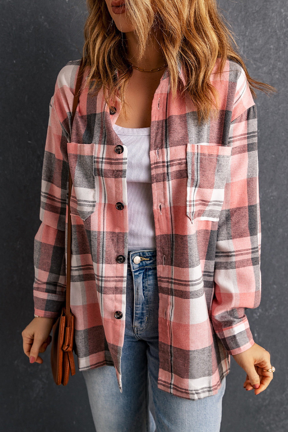 Women's Shacket with Pocket Shirt Plaid Button Up Patch