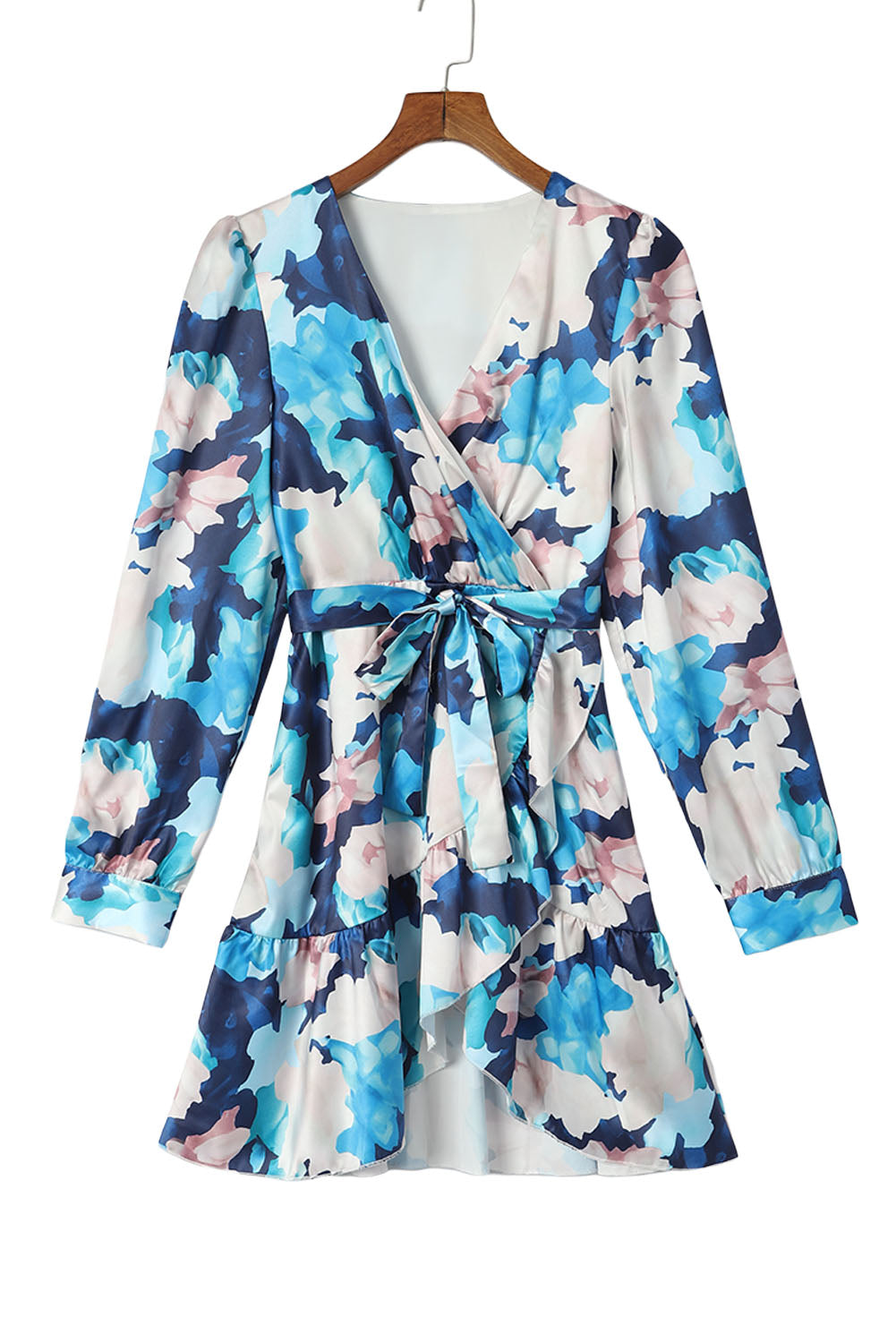 Women's Dress with Ruffle-Trimmed Abstract Floral-Print Long-Sleeve Tie-Front