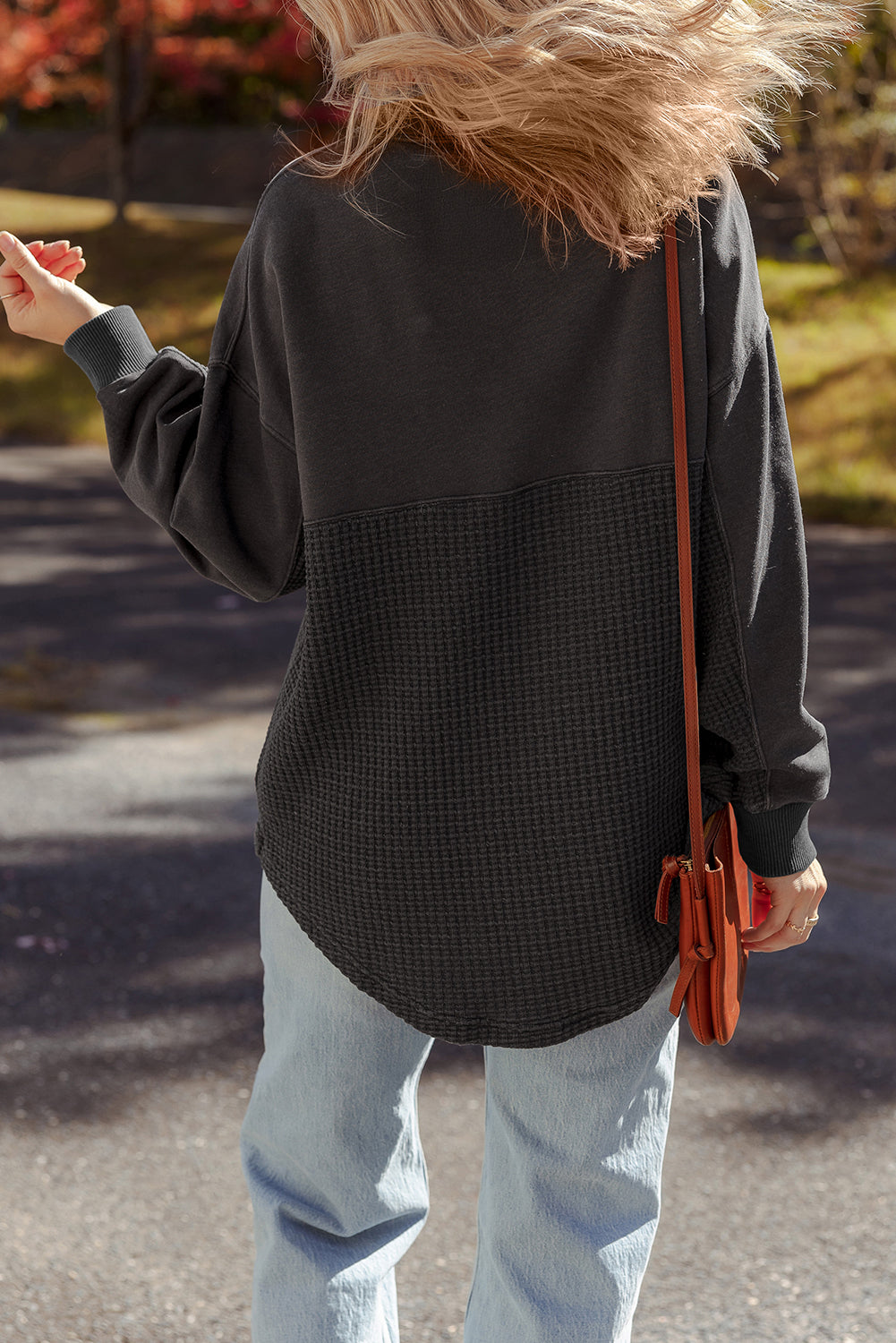 Waffle Half Knit Patchwork Zip Everyday Sweatshirt