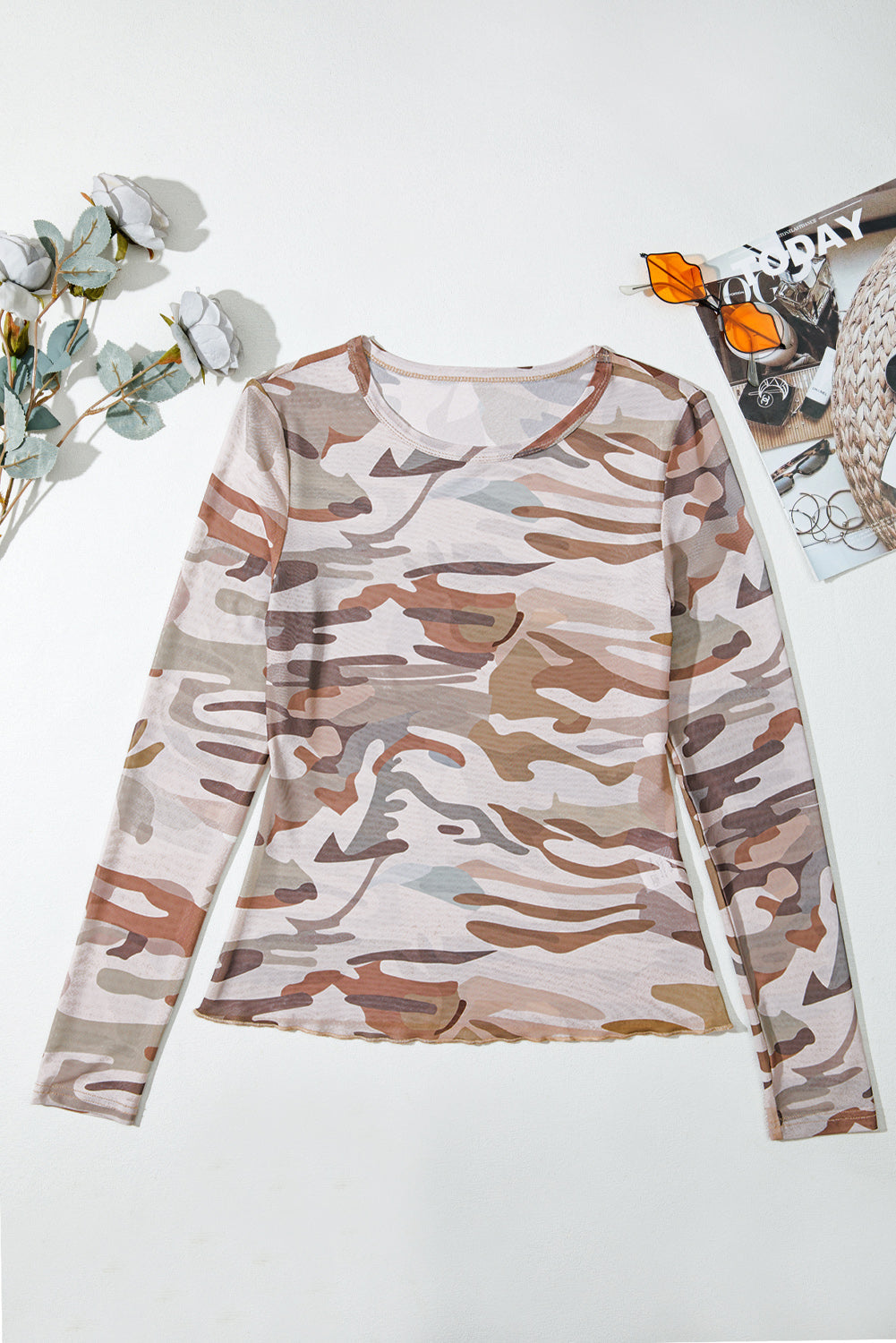 Western Fashion Camouflage Print Mesh Long-Sleeved Top Style
