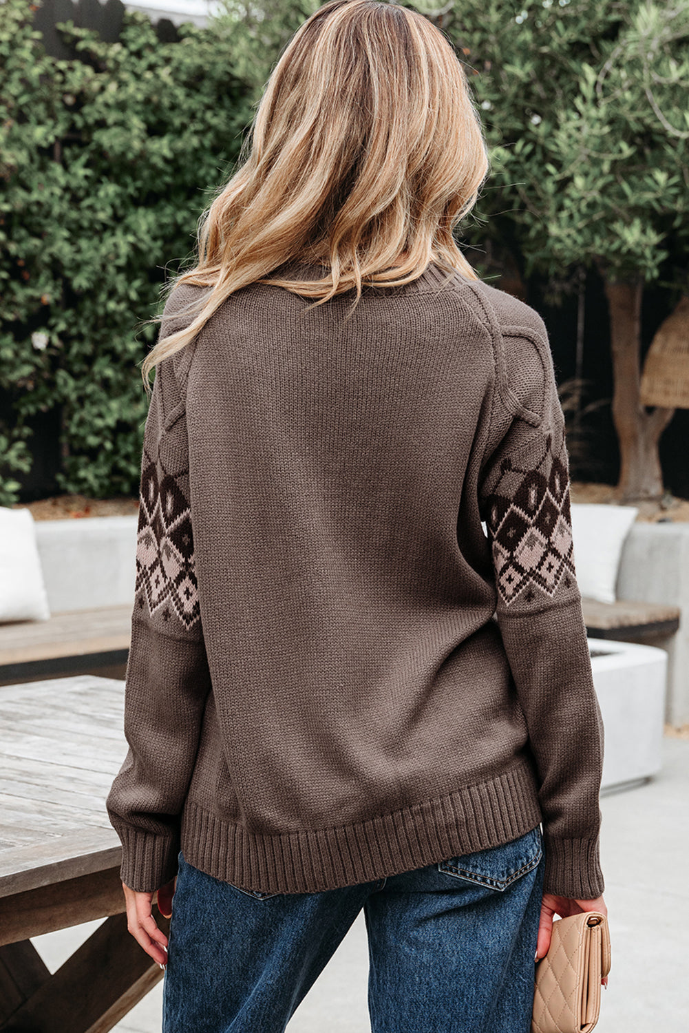 Patterned Western Geometric Crew-Neck Knit Knit Top