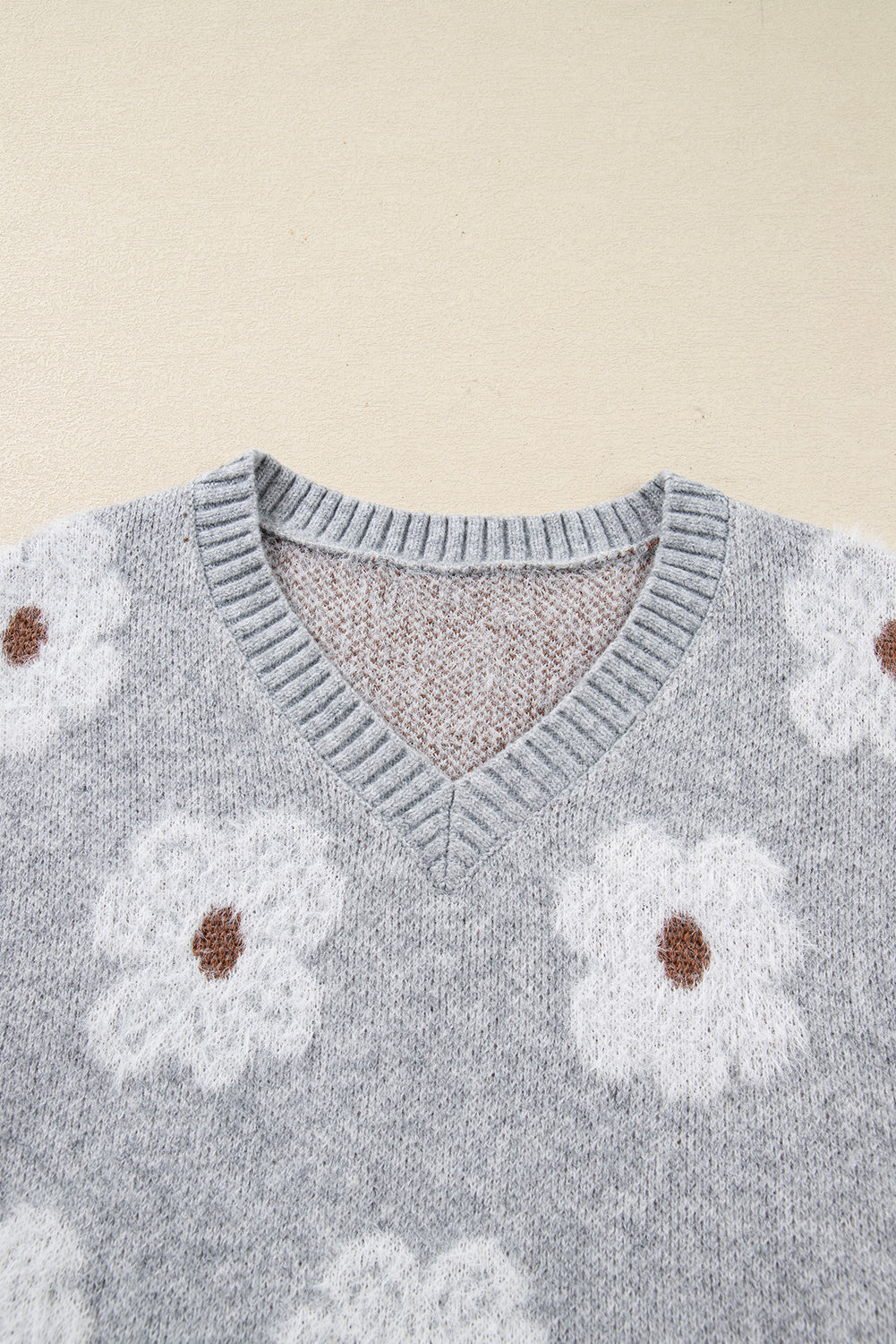 Print Cute Flower V-Neck Drop-Shoulder Baggy Knit Top