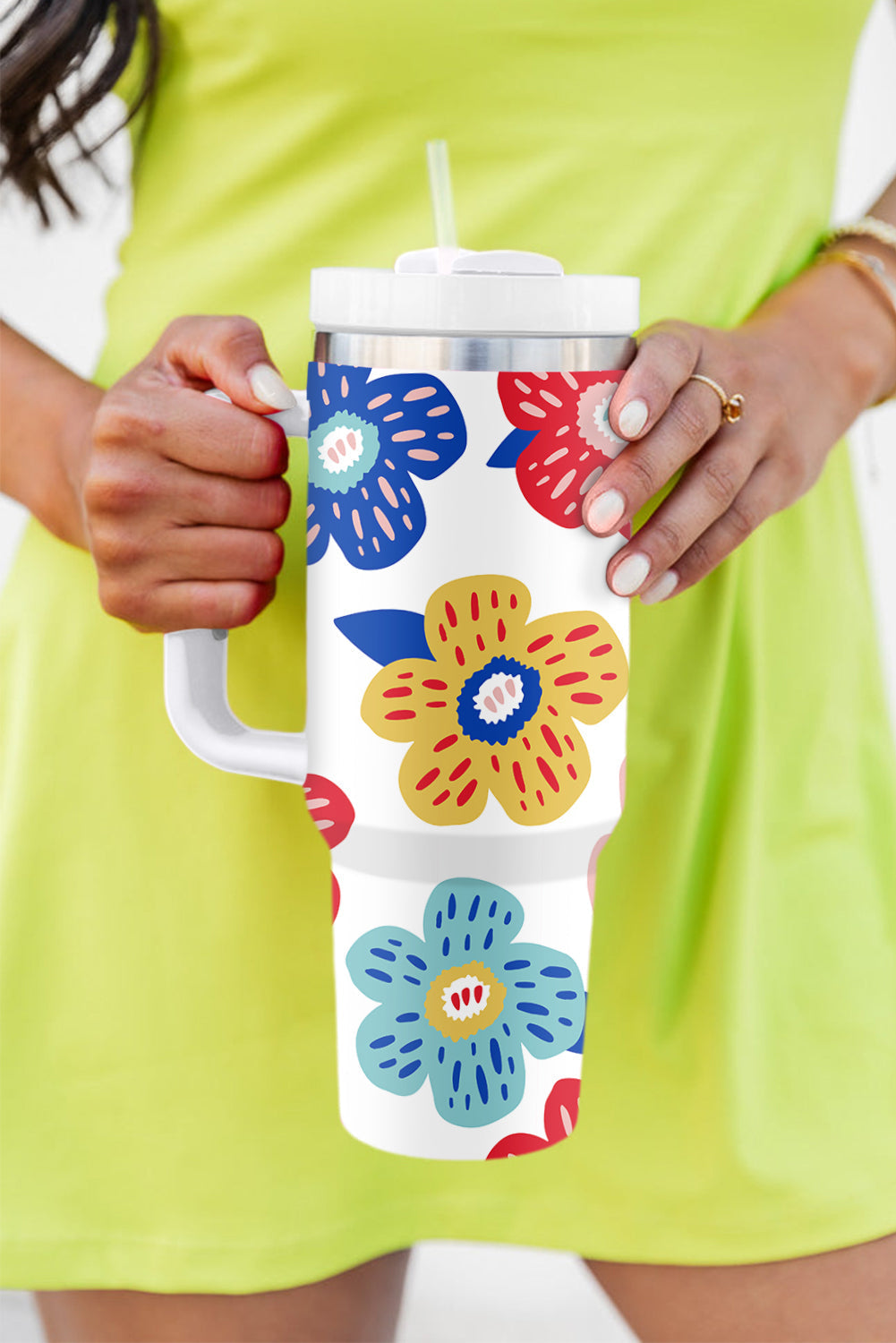 Pattern Stainless Flower Stainless Vacuum Cup with Handle 40oz