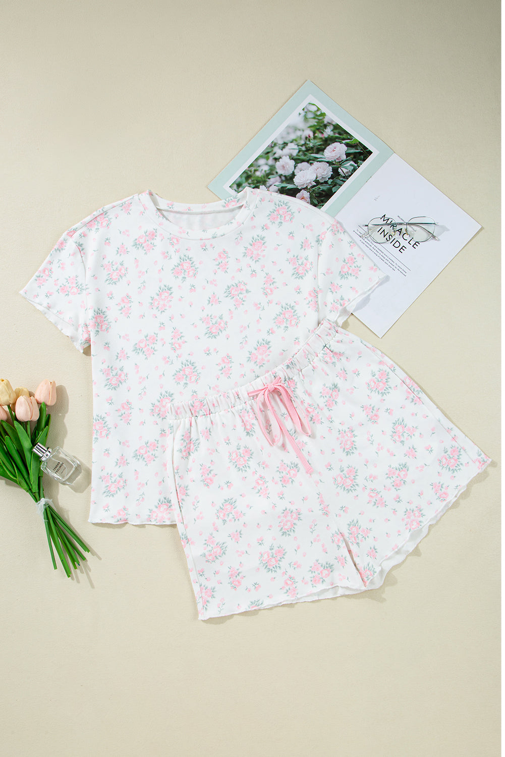 Cute Lettuce Pink Floral Trim Tee and Shorts Rib-Knit Lounge Set