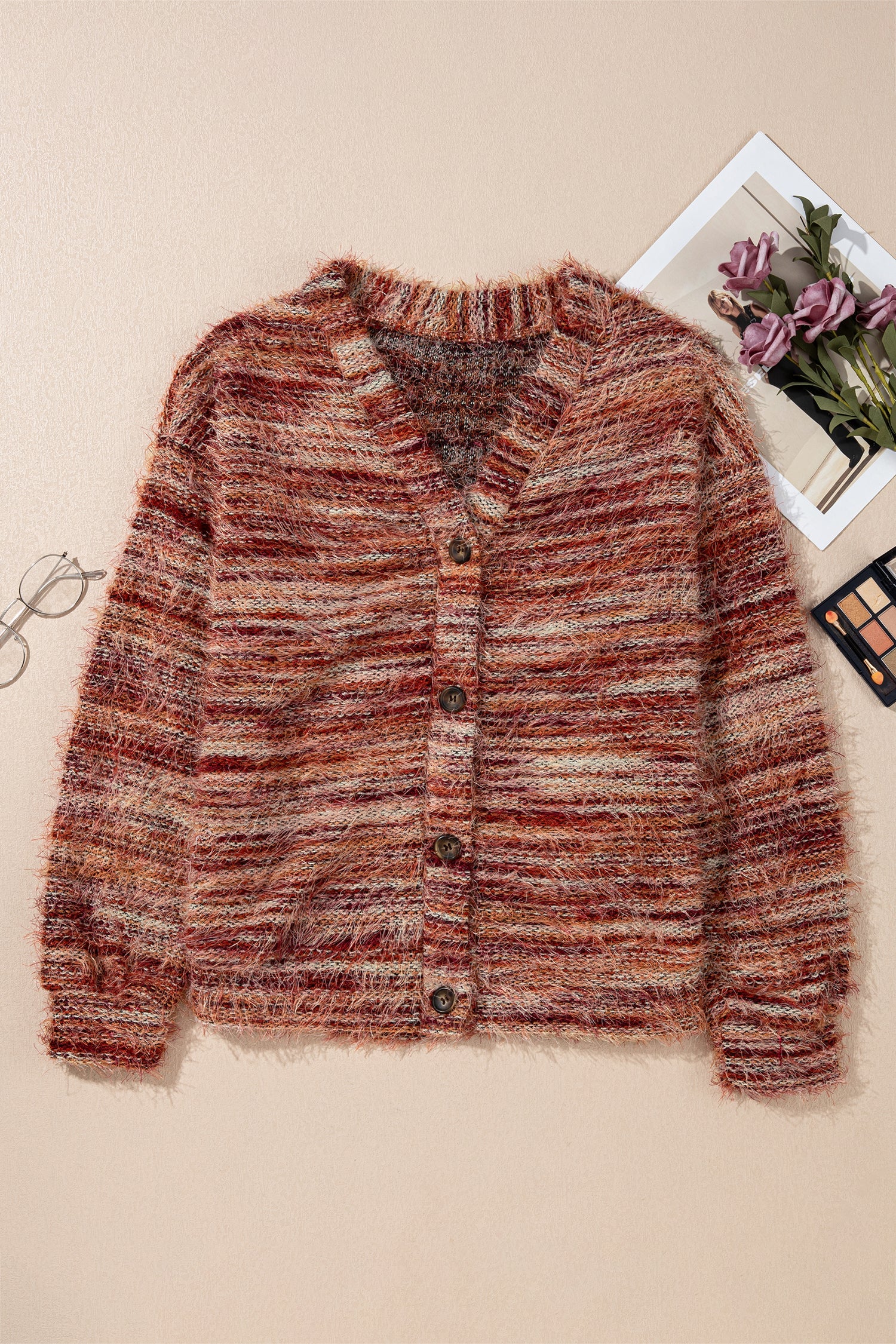 Striped Button Fuzzy Button Front Cardigan Knit Top in Tawny