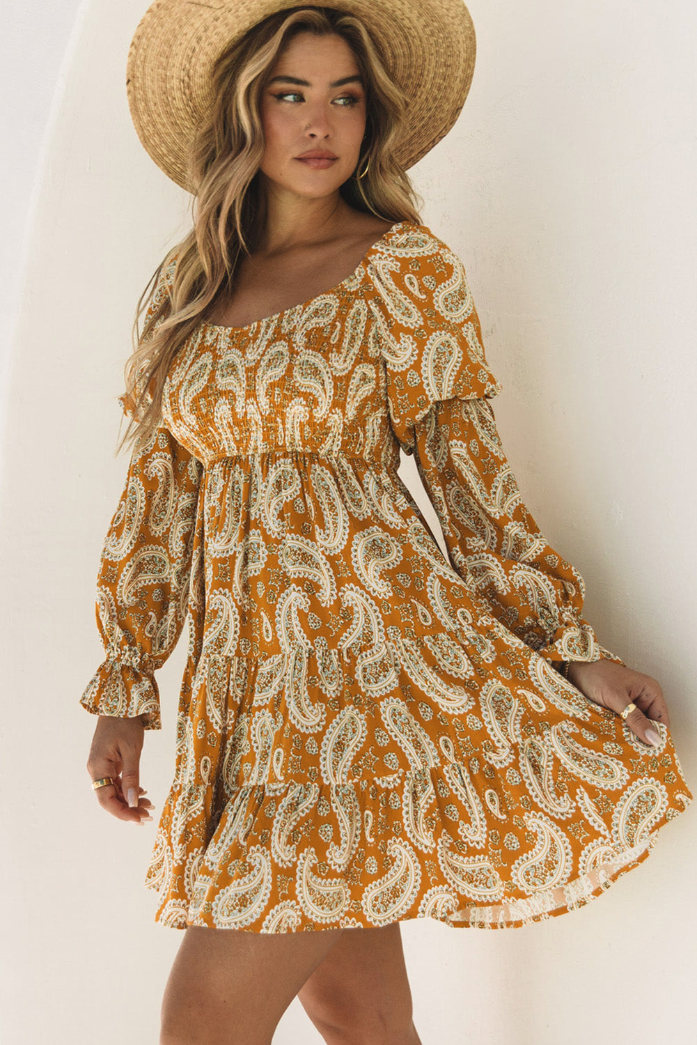 Robe florale jaune à manches longues Boho Paisley