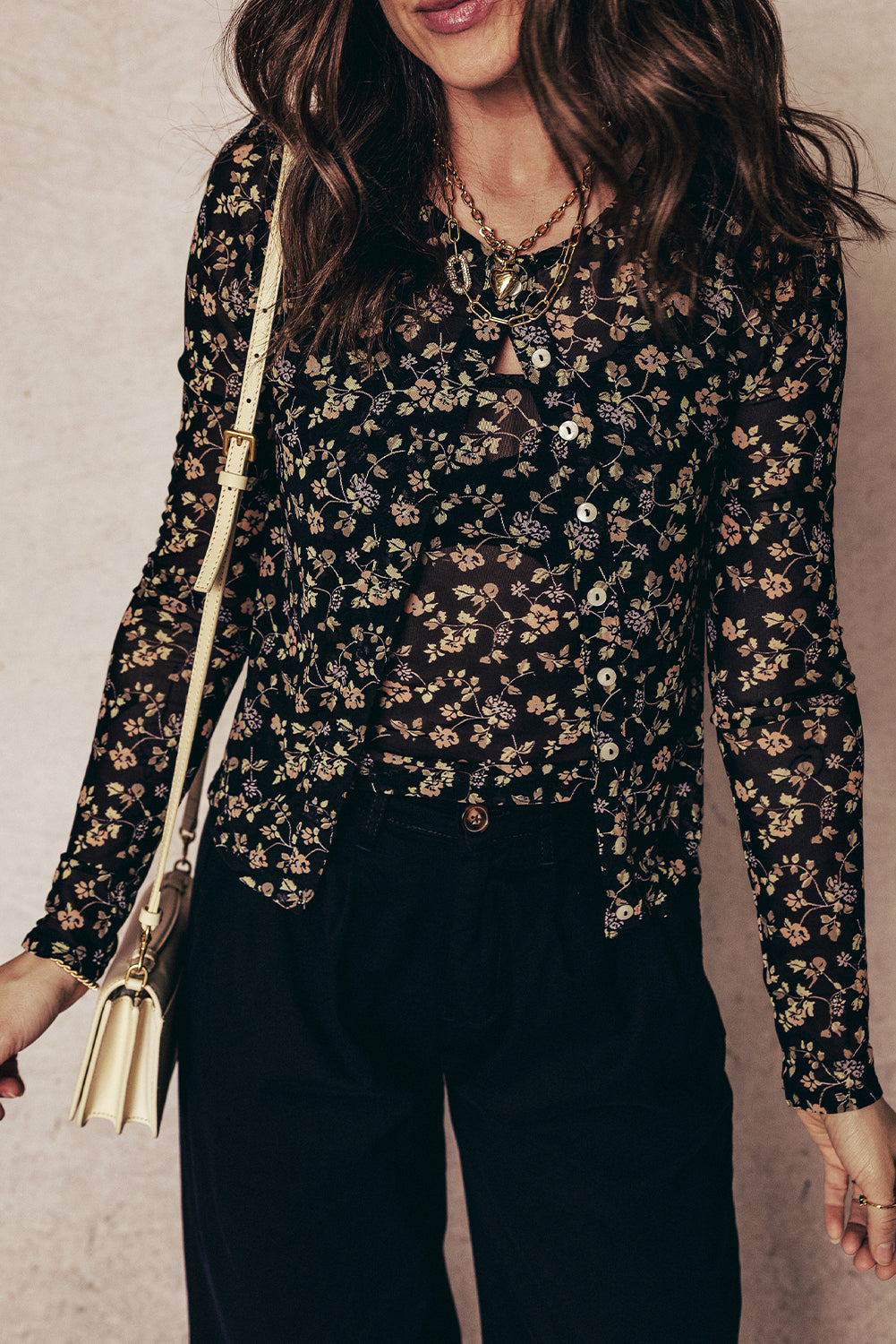 Floral-Print Mesh Tank Button Front Slim Cardigan 2-Piece Outfit
