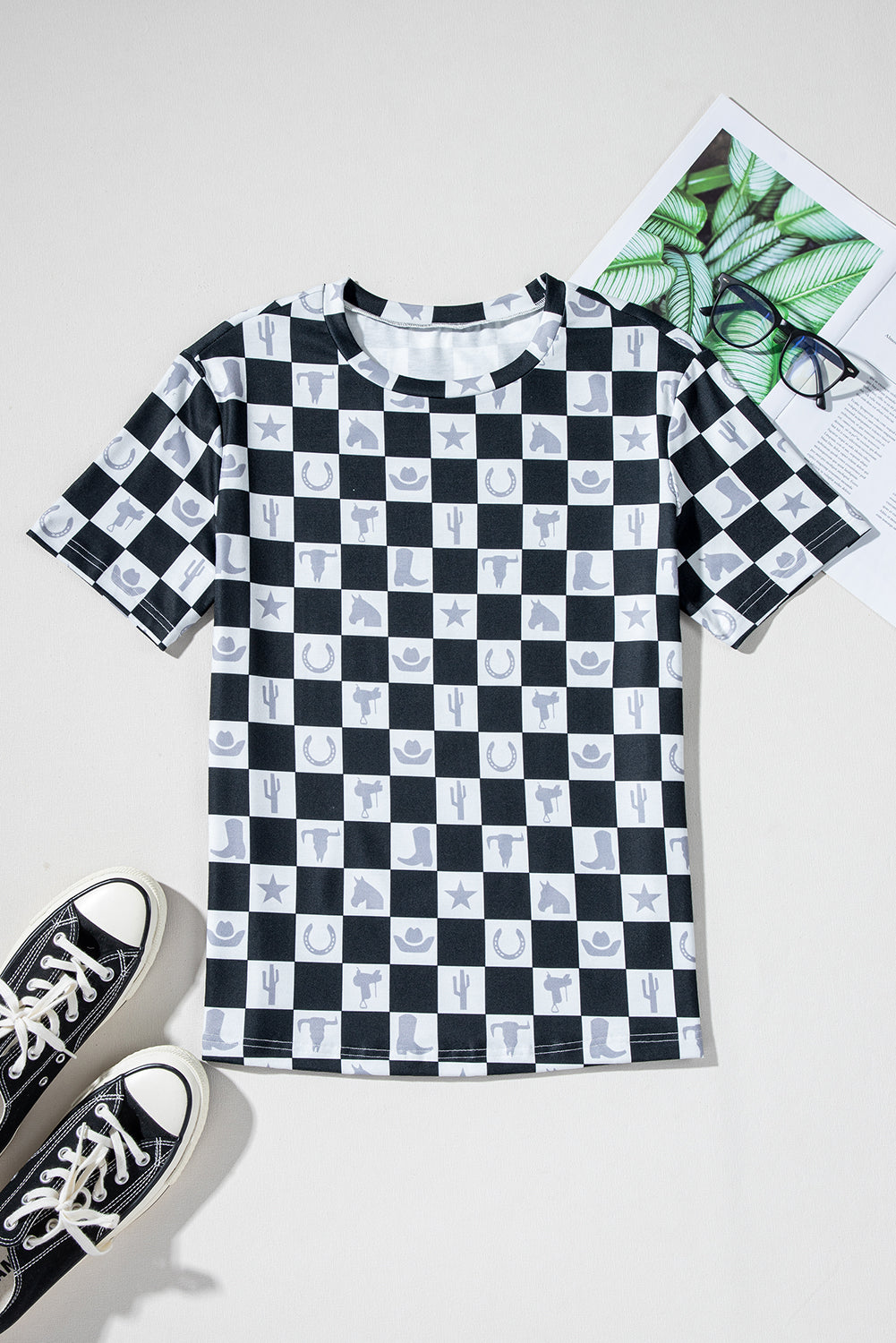 Black Western Checkerboard Print Side Split T Shirt