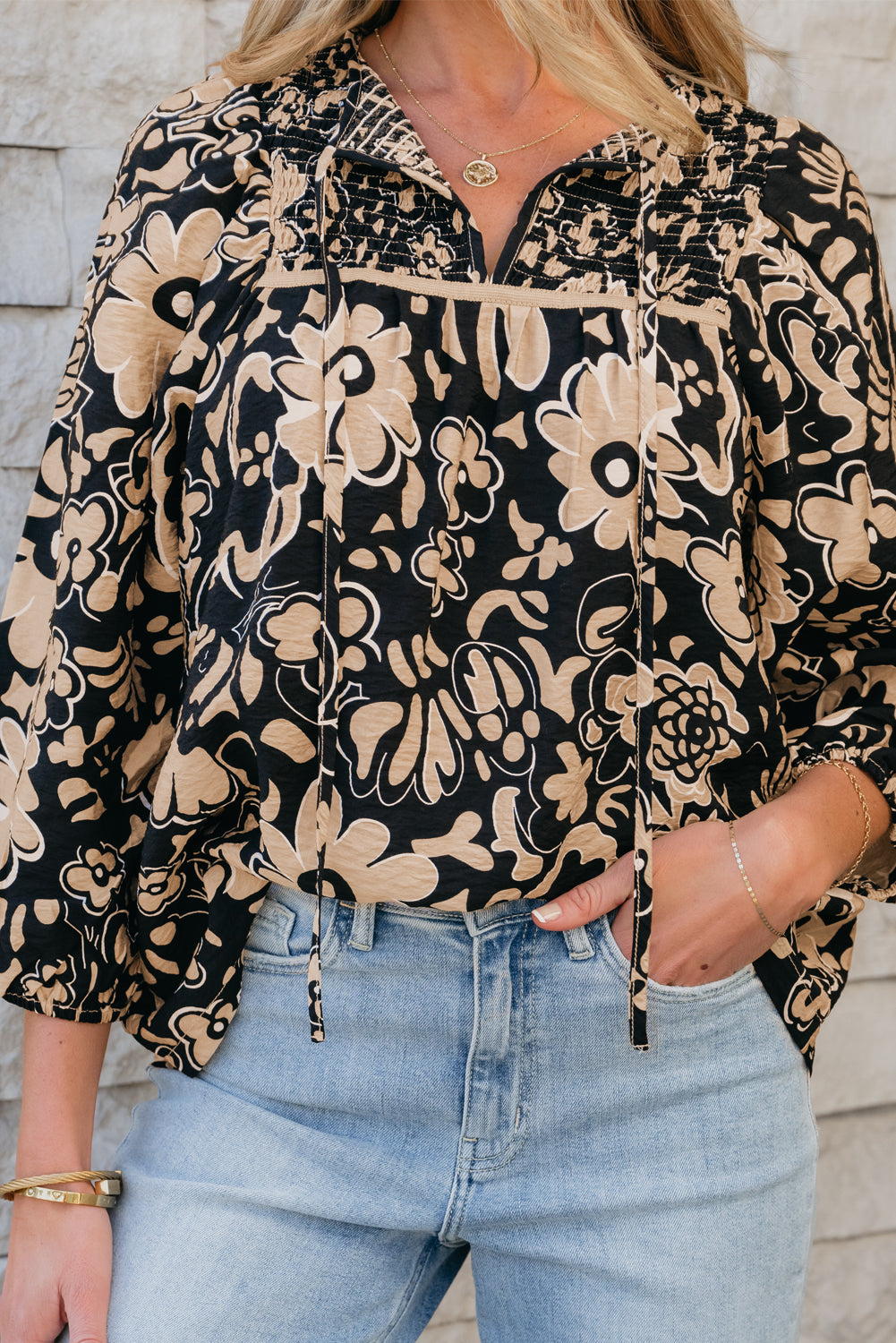 Floral Shirred Split Neck Boho Blouse
