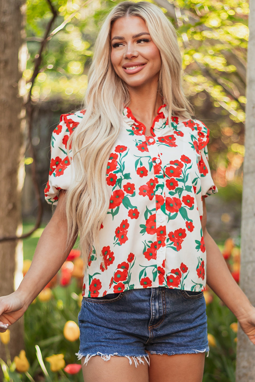Ruffled Puff Floral-Print Puff Sleeve Refined Summer Shirt