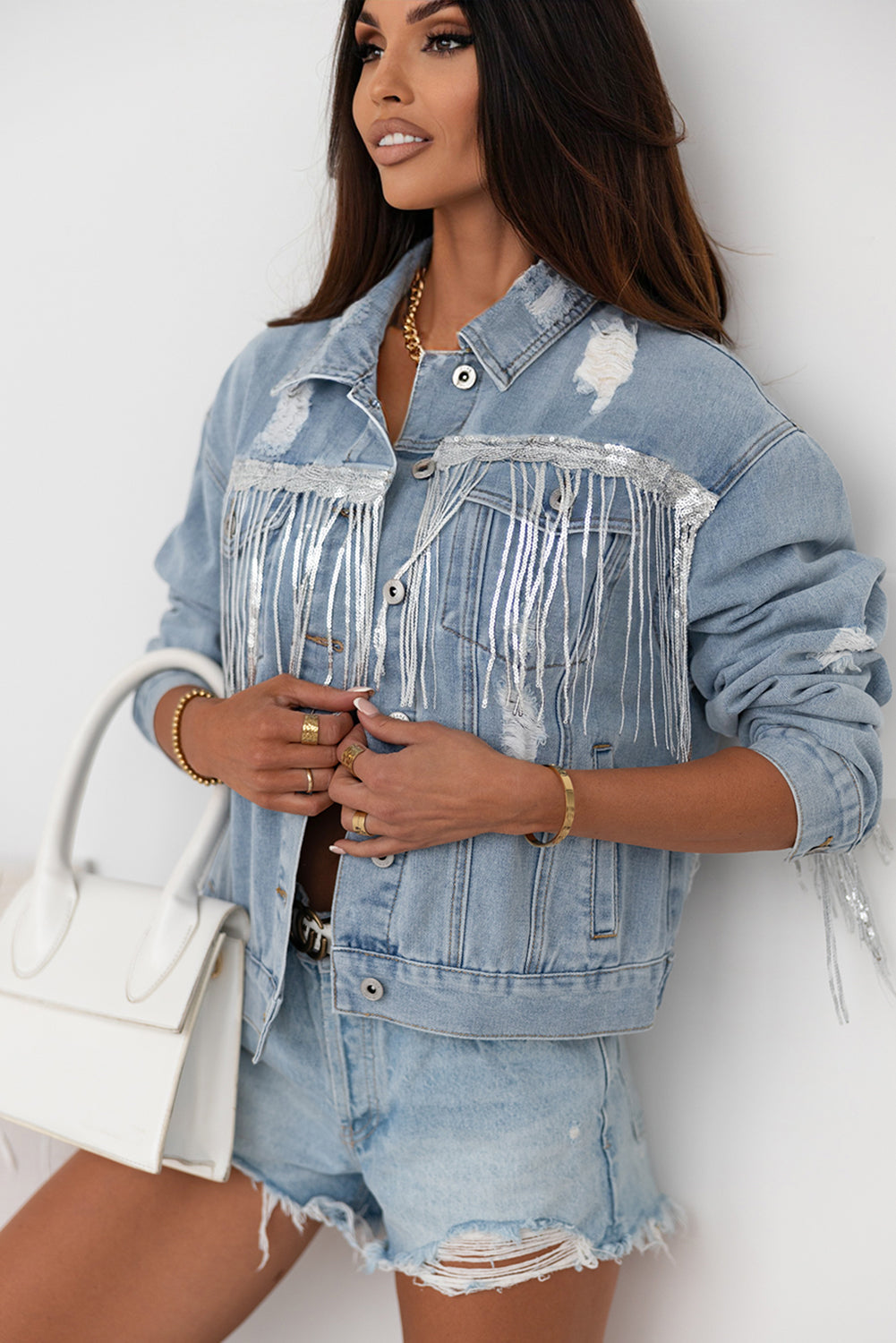 Women's Denim Jacket Featuring Fringe Distressed Sequin Embellished