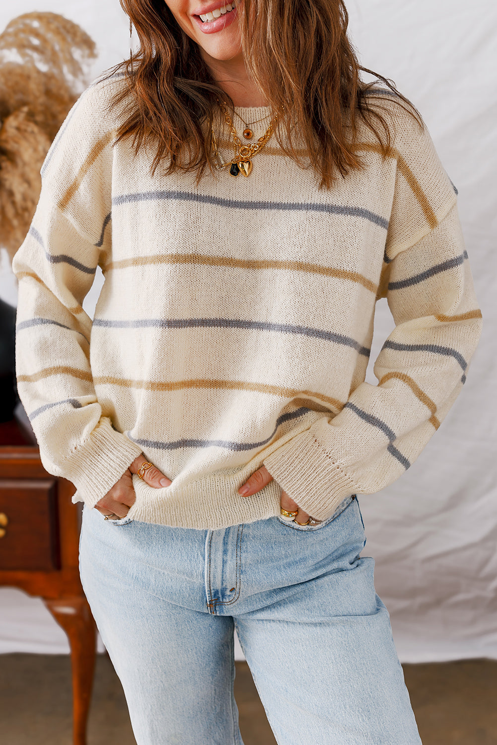 Striped Drop-Shoulder Rib-Knit Edge Knit Top in Multicolour