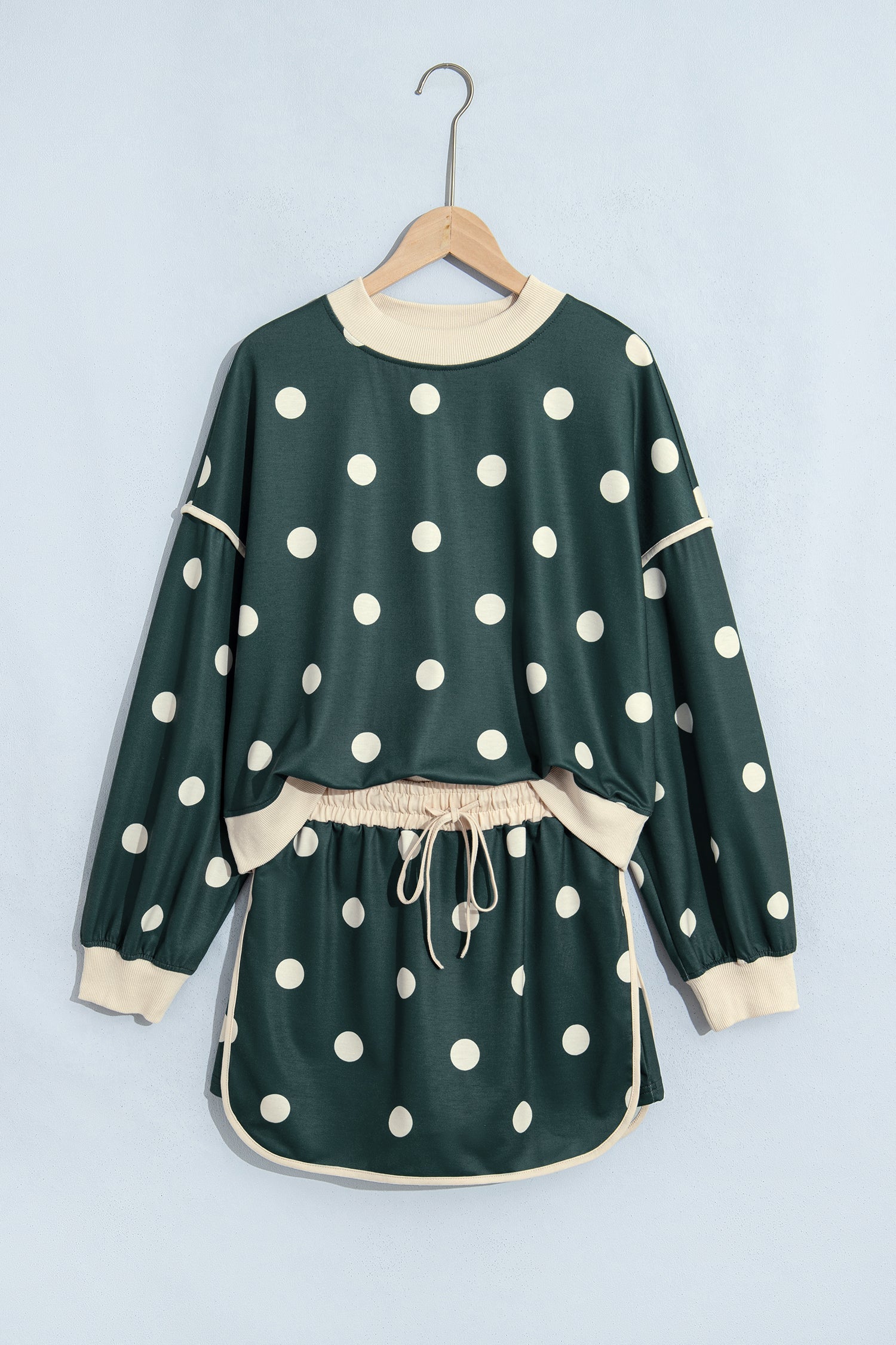 Trim Polka-Dot Print Baggy Pullover Drawcord Skirt 2-Piece Outfit in Green