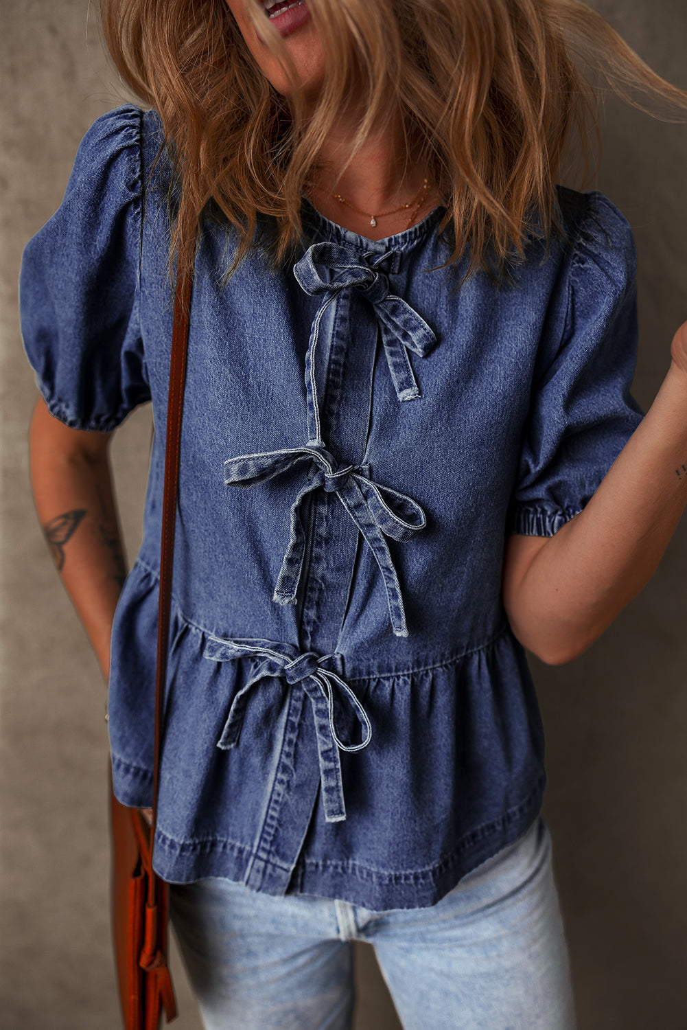 Sail Blue Tied Front Peplum Denim Shirt