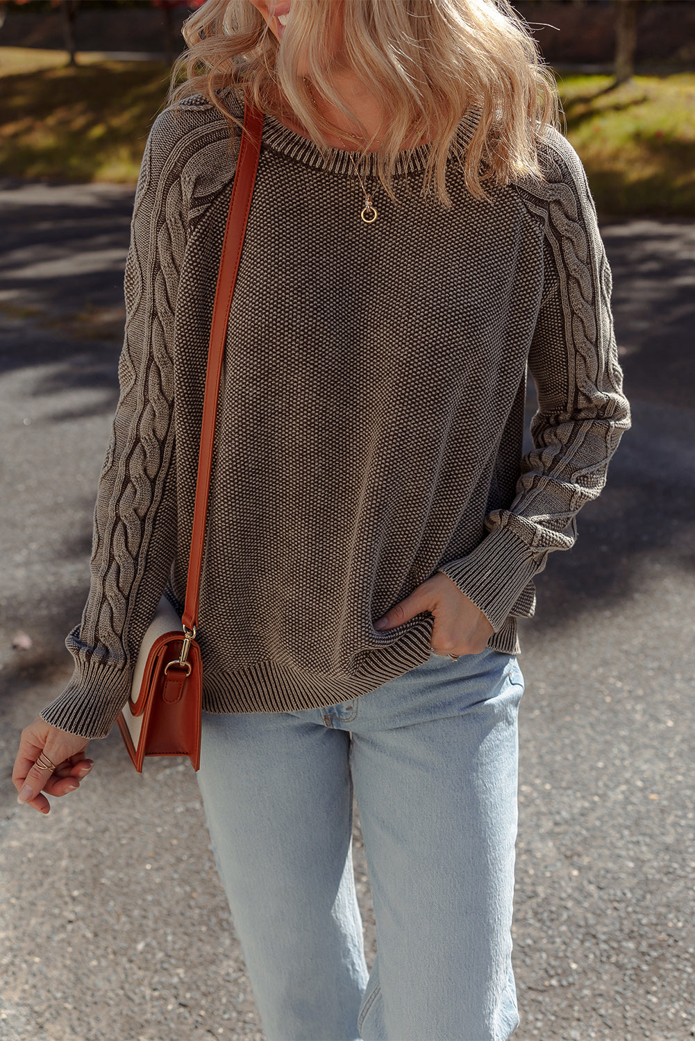 Contrast Cable Knit Sleeve Everyday Knit Top in Dark Brown