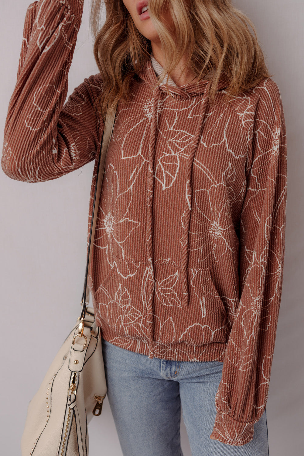 Rib Floral Twisted Drawcord Kangaroo Pocket Hoodie