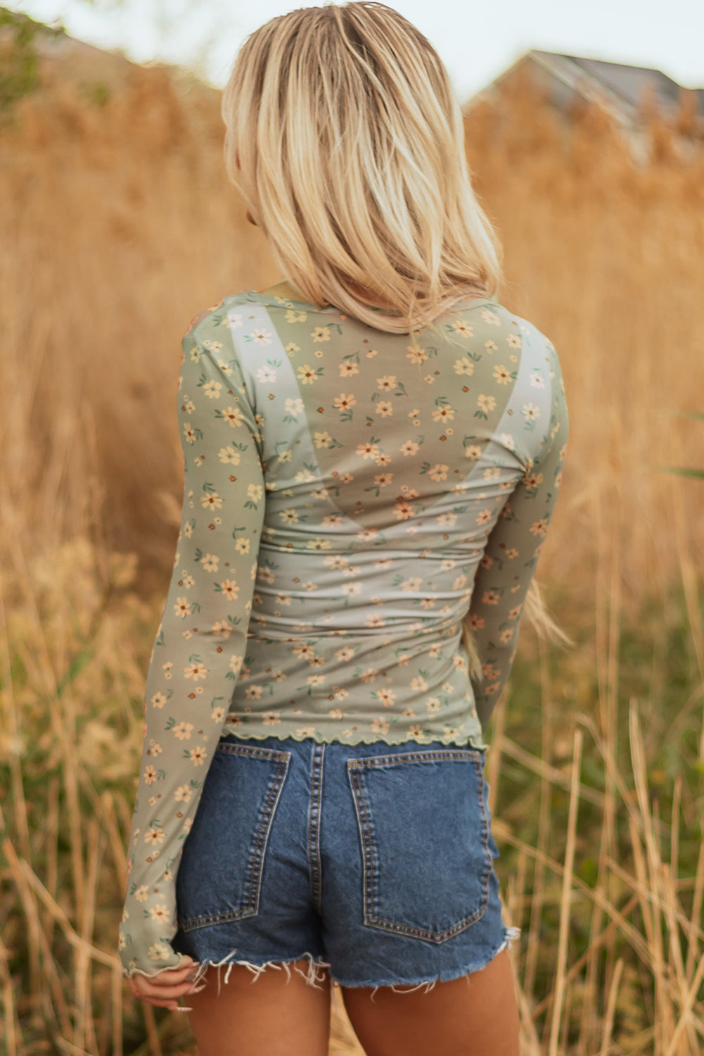 Retro Style Floral-Print Southern Mesh Long-Sleeved Top