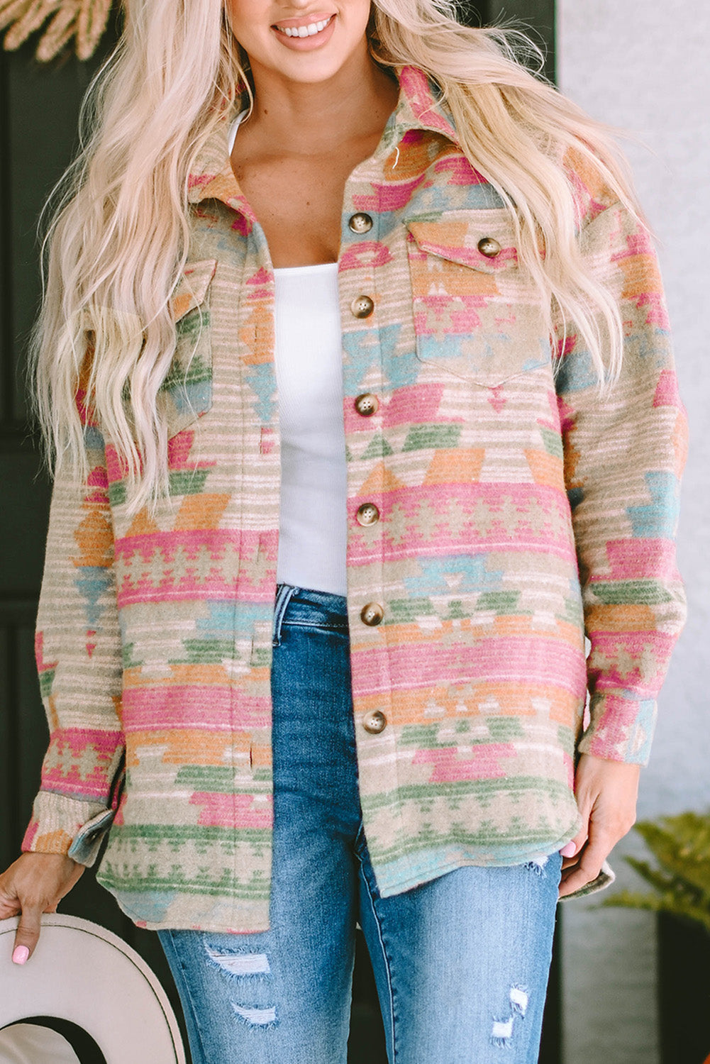 Women's Shacket Featuring Pink Western Aztec-Pattern Button Flap Pocket