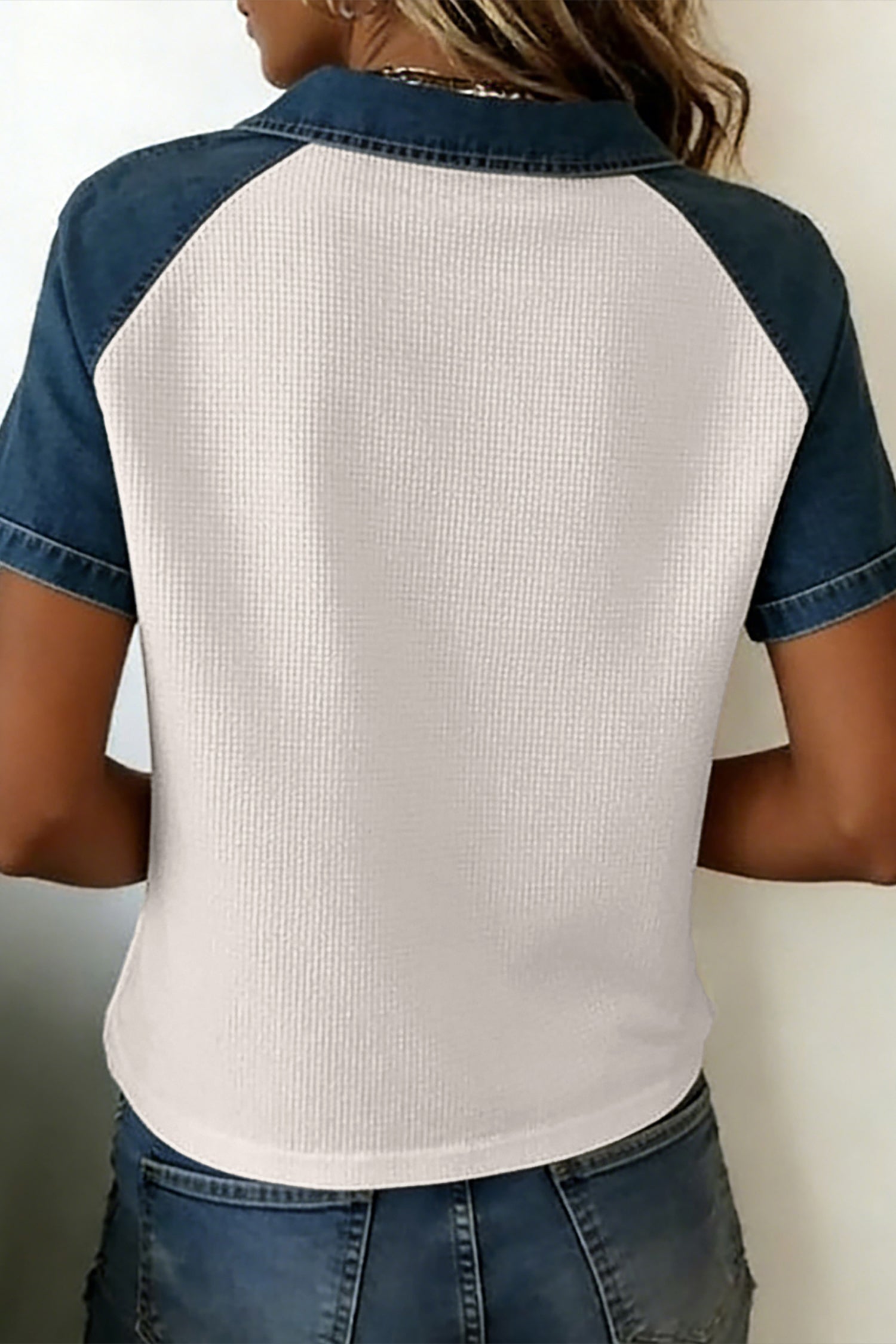 Textured Everyday White Colorblock Denim Patchwork Polo Collar Tee