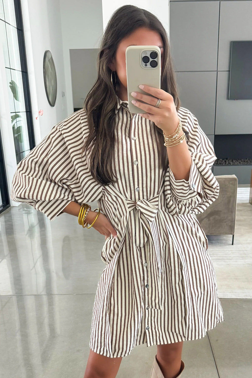 Stripe Knot Waist Button Down Mini Shirt Dress in Brown