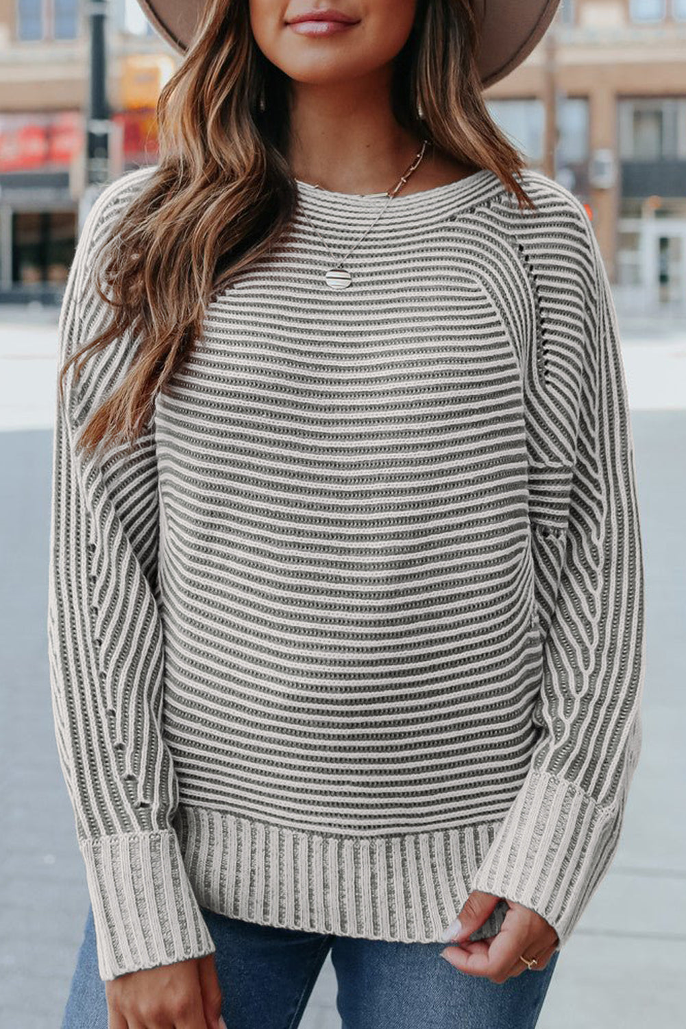 Striped Print Rib-Knit Knit Boat Neck Baggy Knit Top