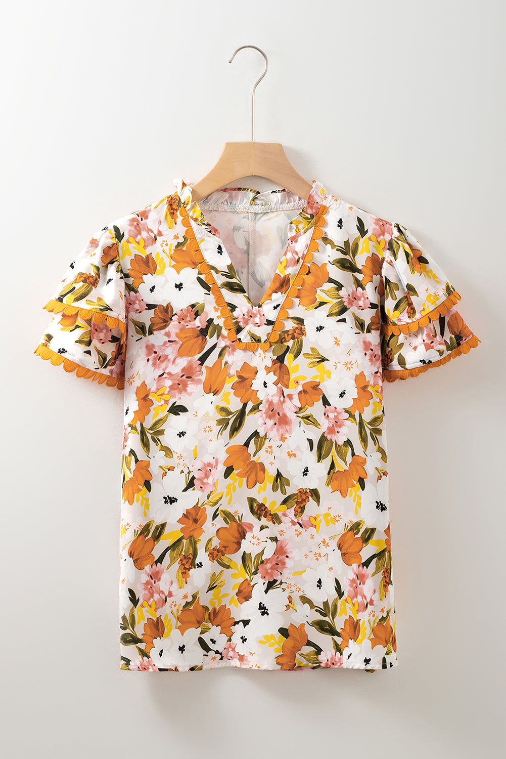 V-Neck Scalloped Ruffled Scalloped Short-Sleeved Floral Blouse