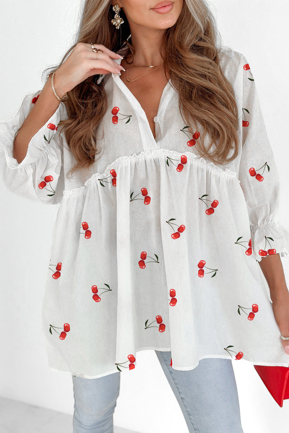 Print Flounce Cherry Flounce Sleeve Collared Frilled Babydoll Blouse