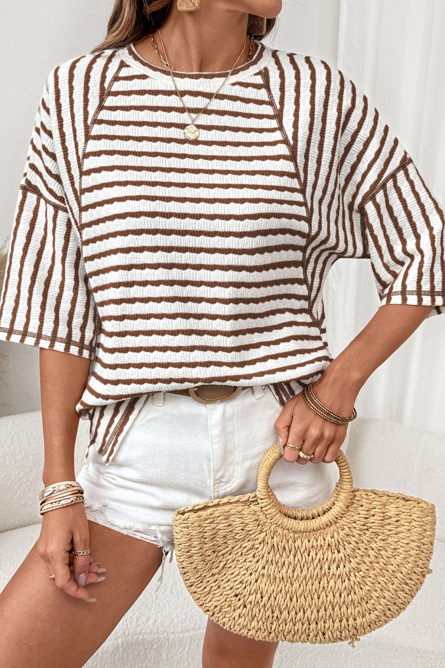 Stripe Textured Knit Split Hem Half Sleeve Loose Top in Brown
