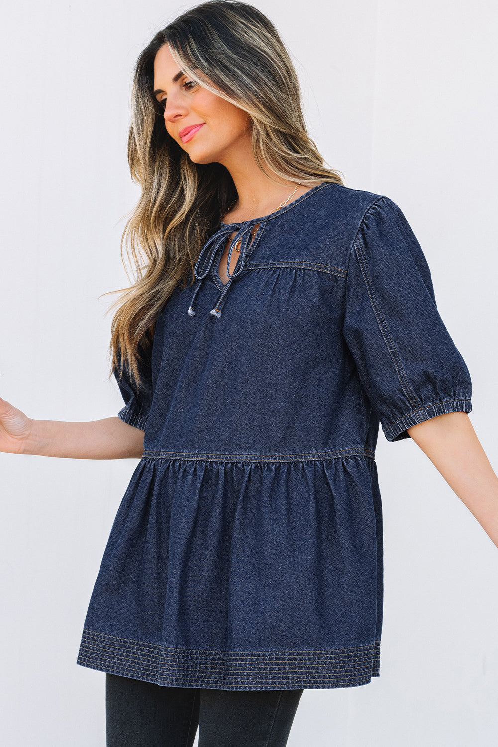Lace-up Neckline Splicing Denim Blouse