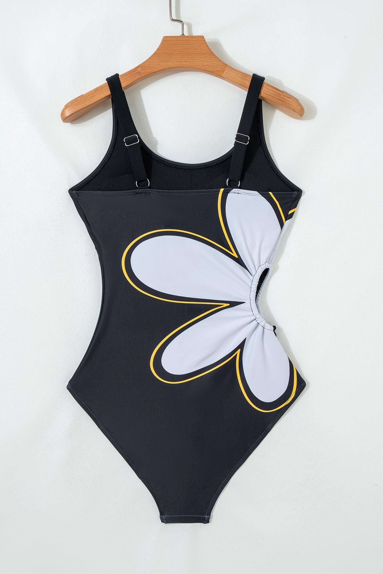 Hole Drawcord Big Floral-Print Sleeveless One Piece Swimsuit in Black