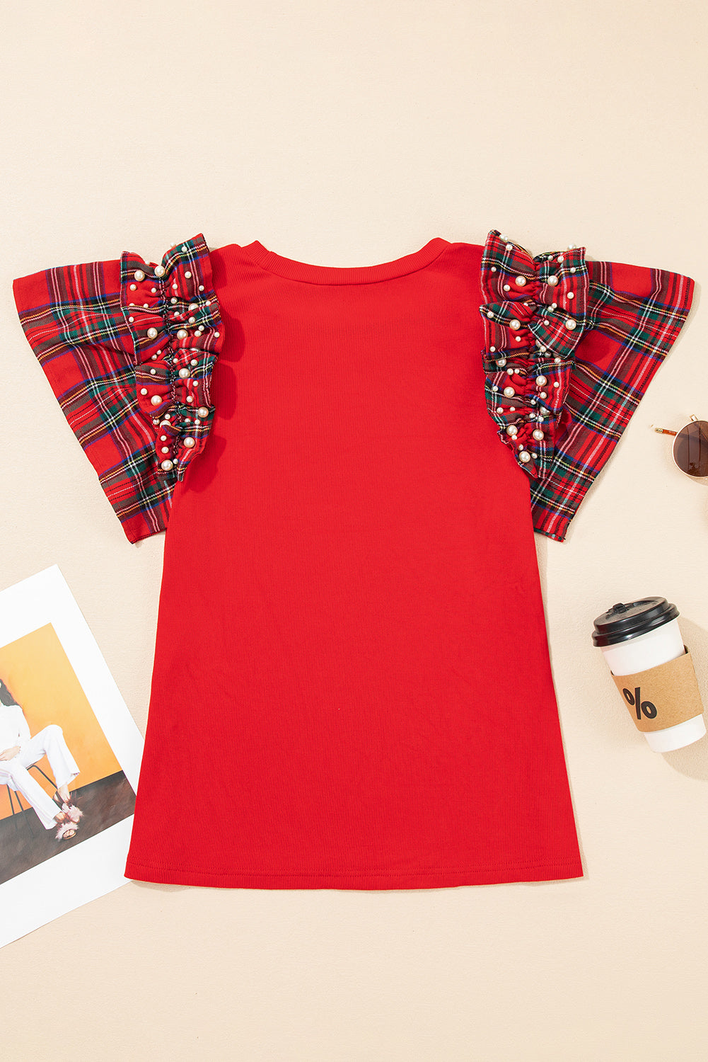 Ruffle Plaid Pearl Short-Sleeved Loose T Shirt in Red