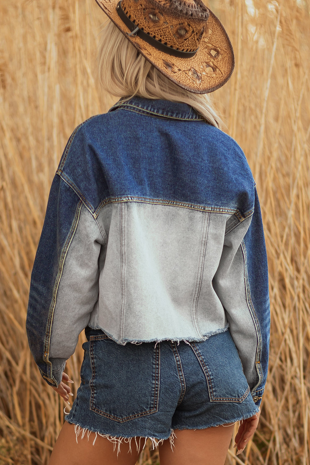 Flap Colorblock Patchwork Detail Distress Denim Jacket
