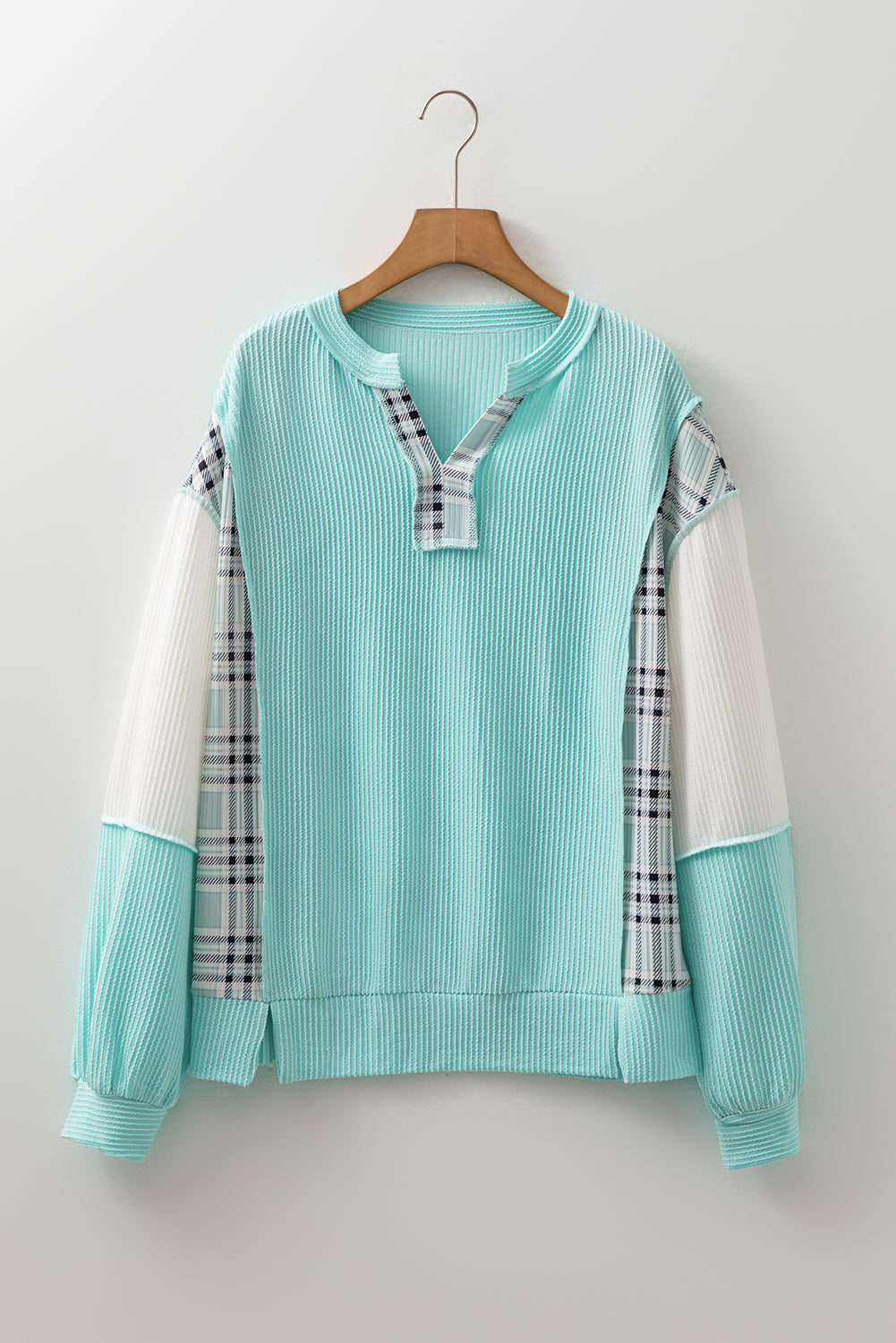 Aruba Blue Colorblock Patchwork Split Neck Long-Sleeved Top