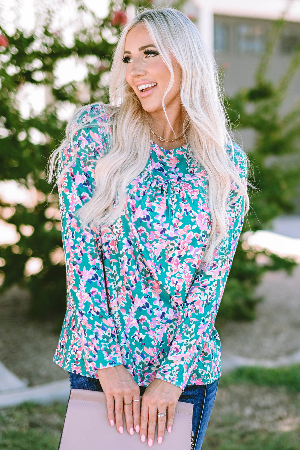 Women's Blouse Featuring Floral-Print Pleat-Detail Round Neck Long-Sleeve