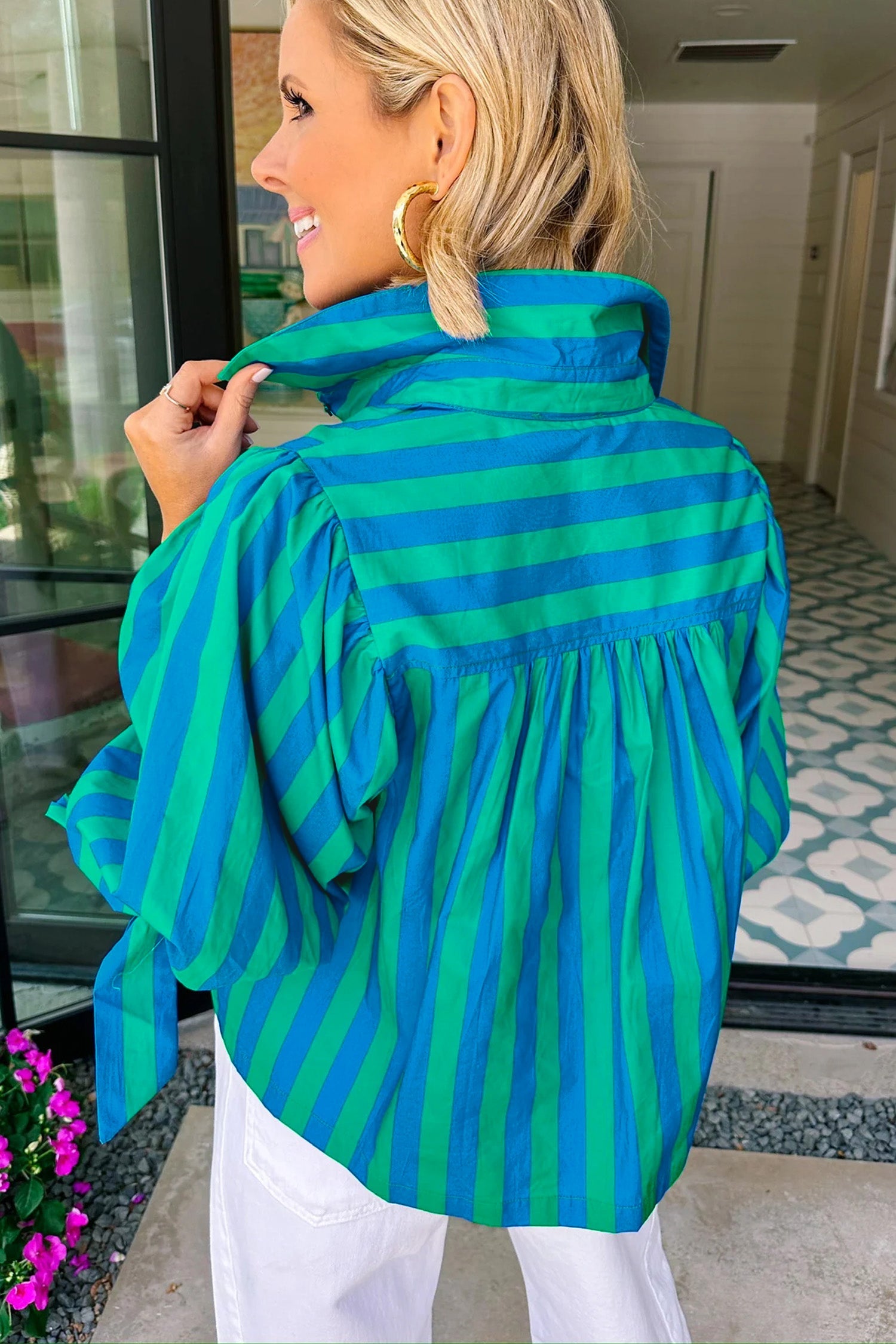 Tie Puff Stripe Puff Sleeve Womens Button Down Shirt in Blue