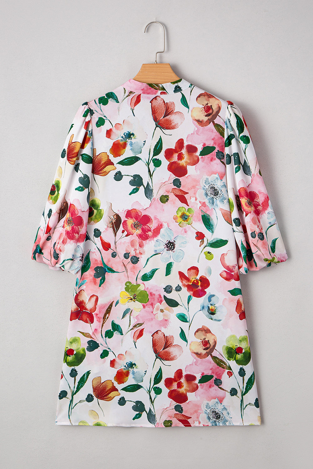 Floral V-Neck Contrast Striped Puff Half Sleeve Shift Dress