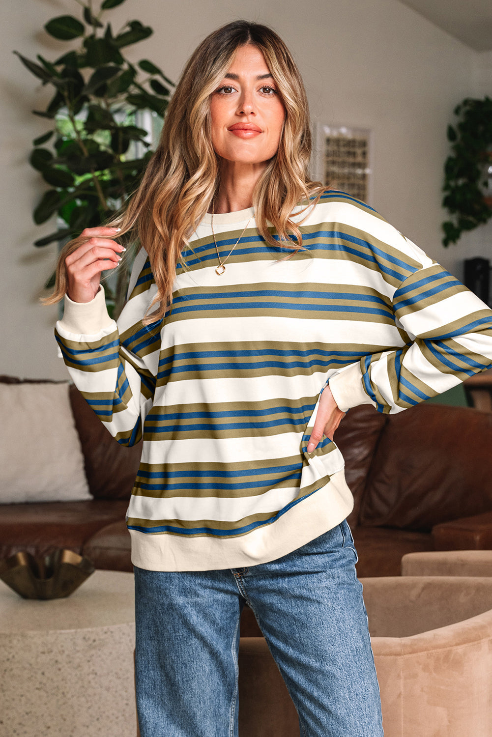 Crew-Neck Drop-Shoulder Pullover Sweatshirt