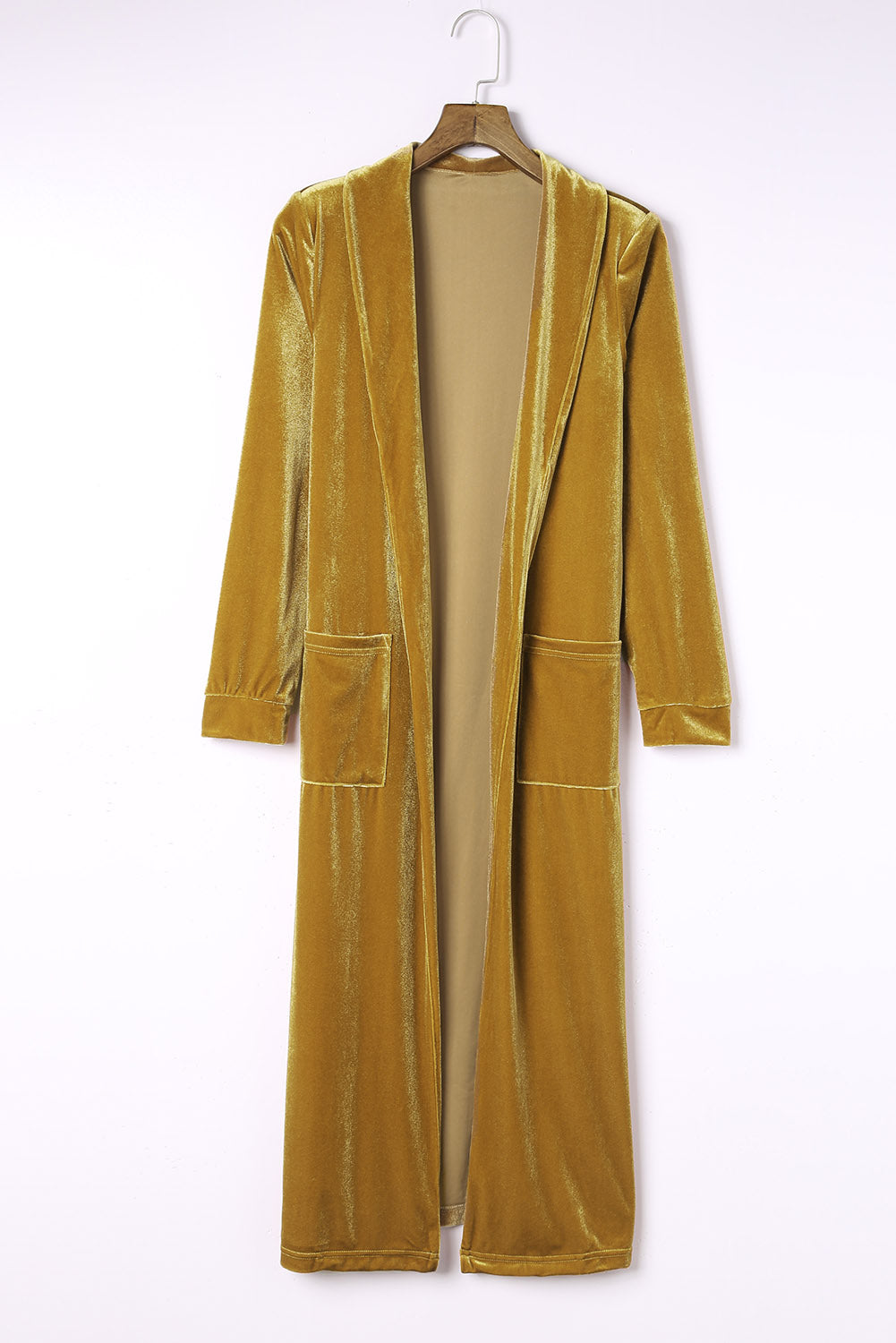 Velvet Long Open-Front Pocket-Detail Duster in Yellow