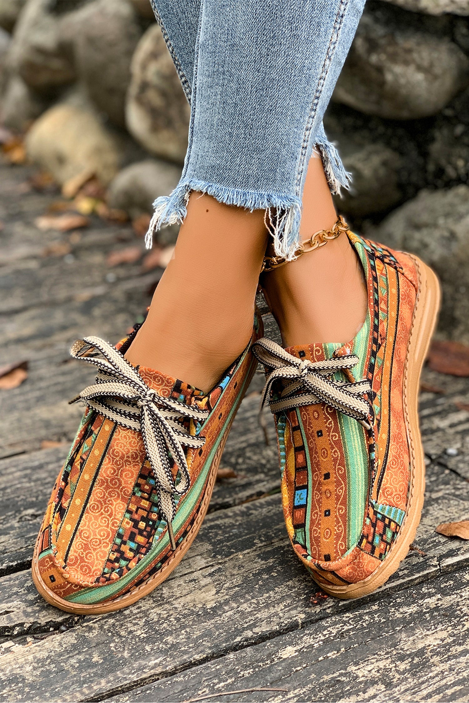 Artistic Print Ethnic Print Lace-up Detail Comfort Loafer Shoes