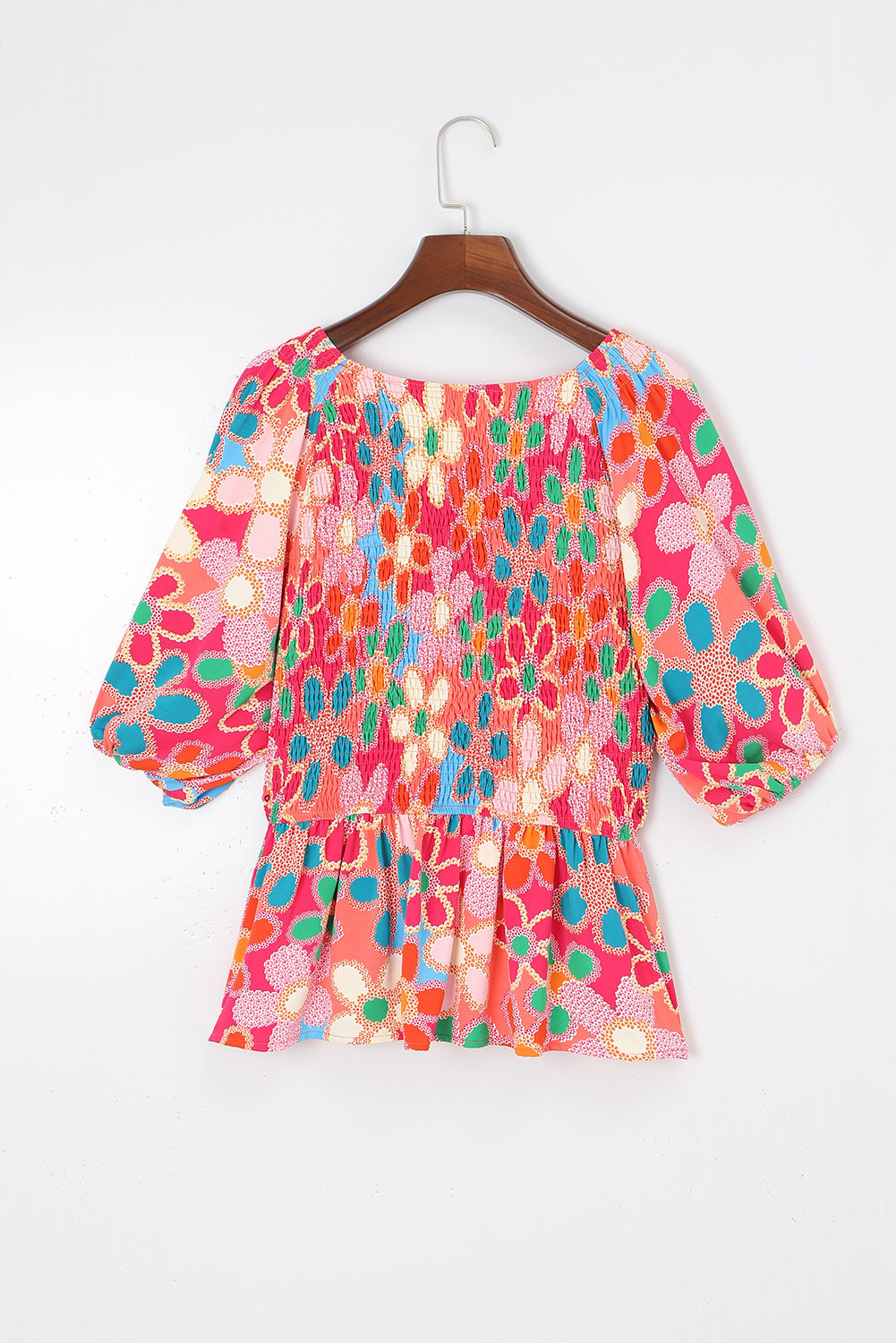 Top with Bohemian Flower Pattern Puff-Sleeve Peplum