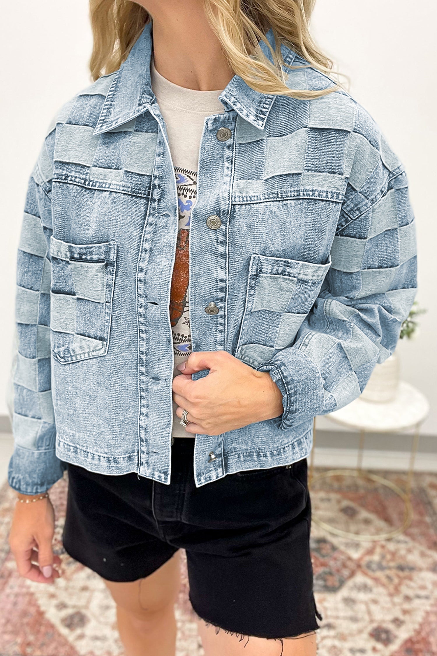 Pattern Denim Checkered Patchwork Womens Everyday Jacket in Beau Blue
