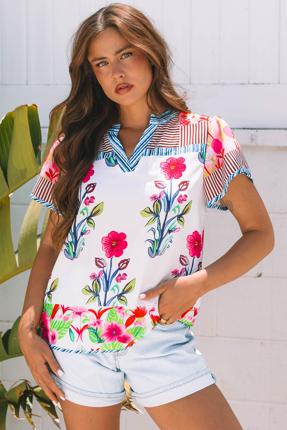 Floral Short-Sleeved Striped Patchwork Split Neck Blouse