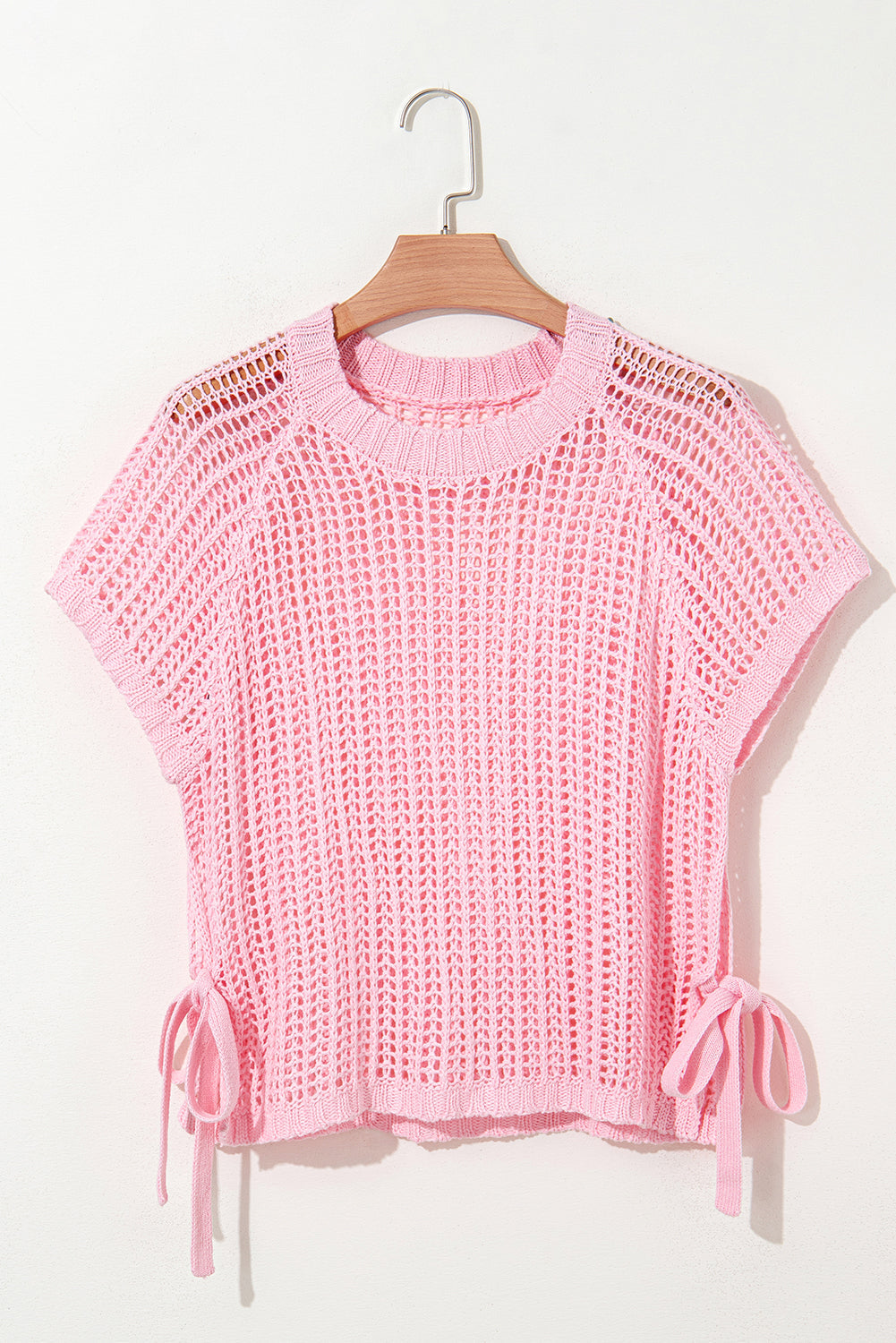 Crochet Side Hollow-out Side Tied Short-Sleeved Knit Top