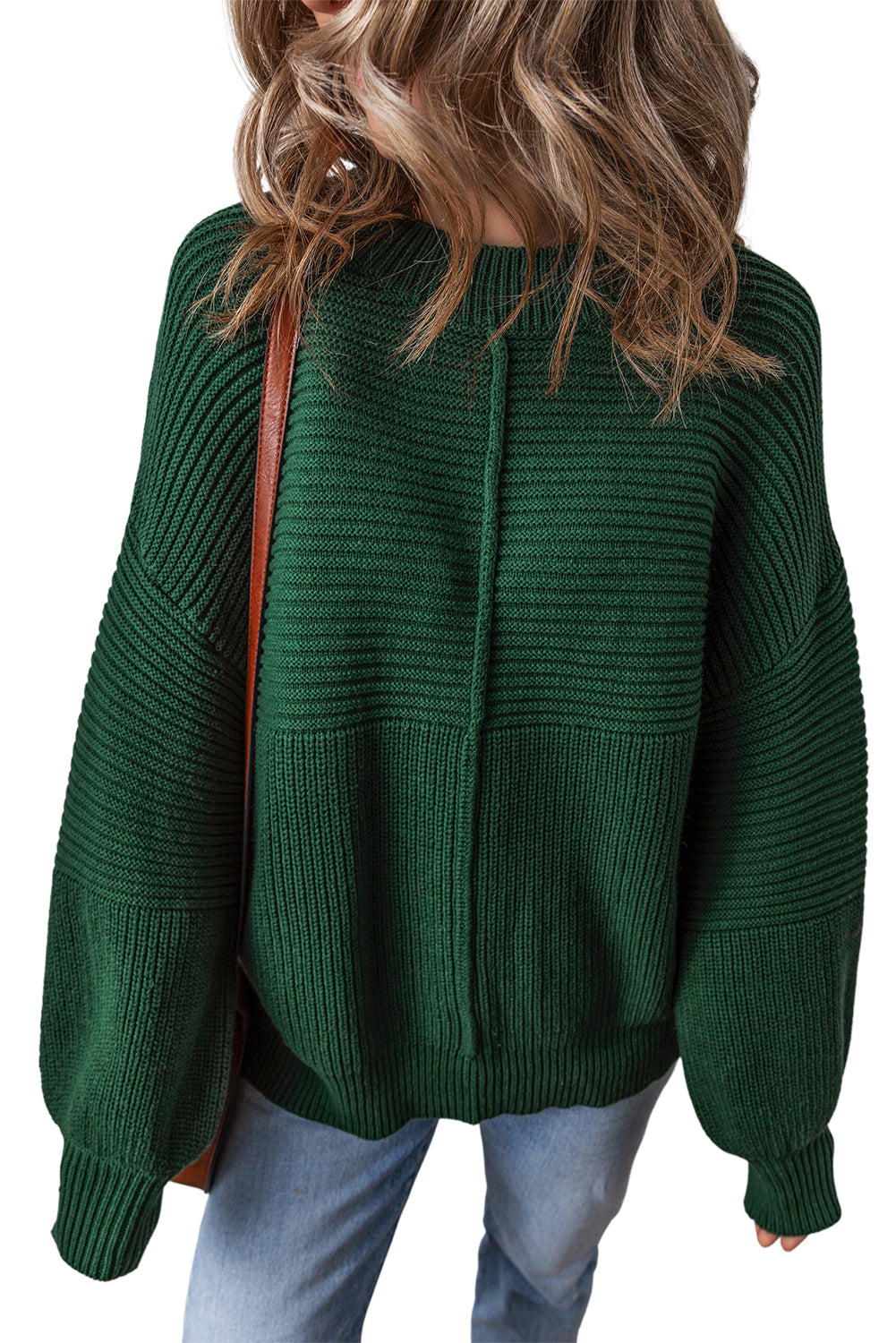 Textured Knit Crewneck Lantern Sleeve Sweater