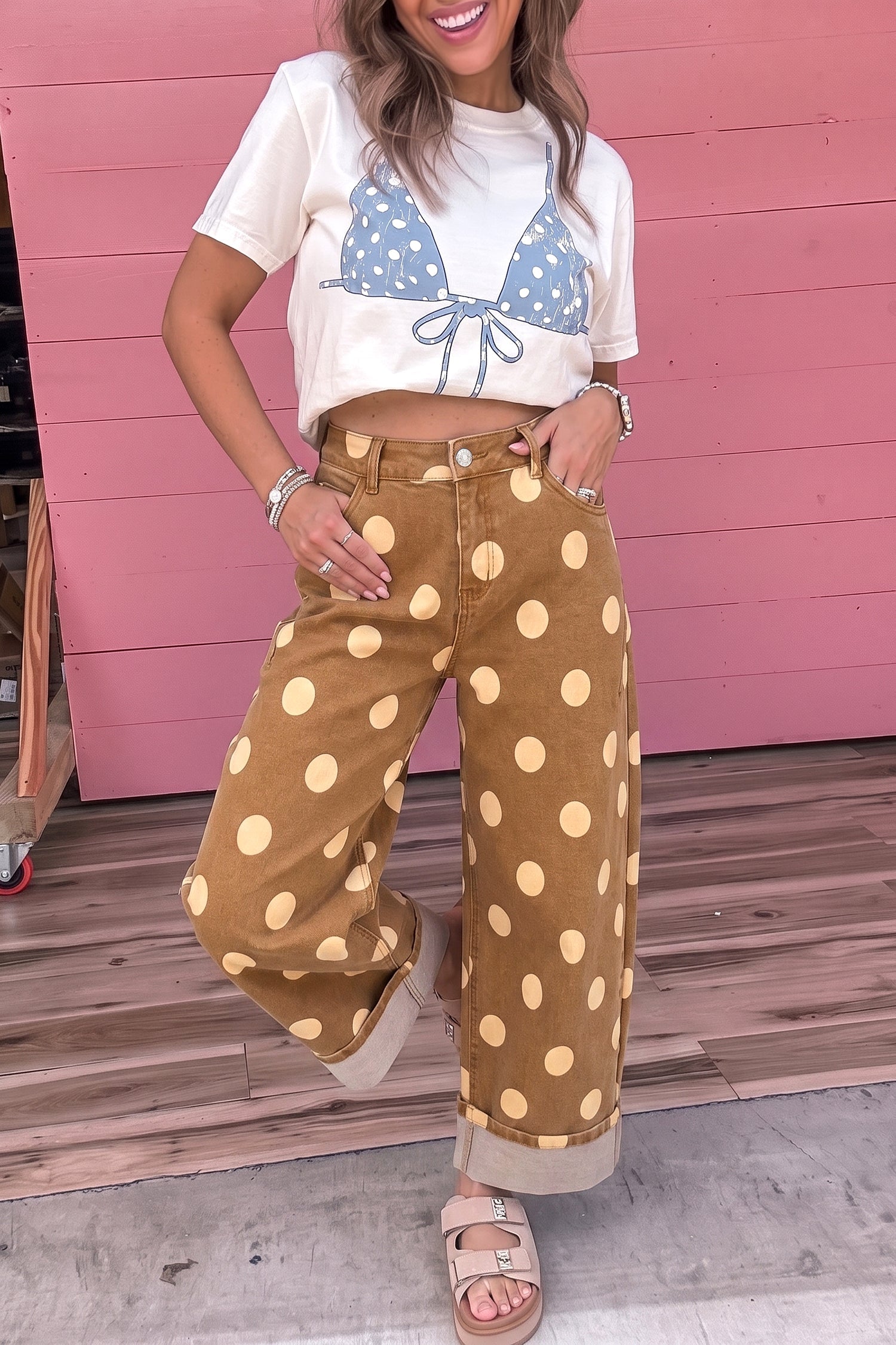 Ankle-Length Metal Polka-Dot Metal Button Everyday Jeans in Brown