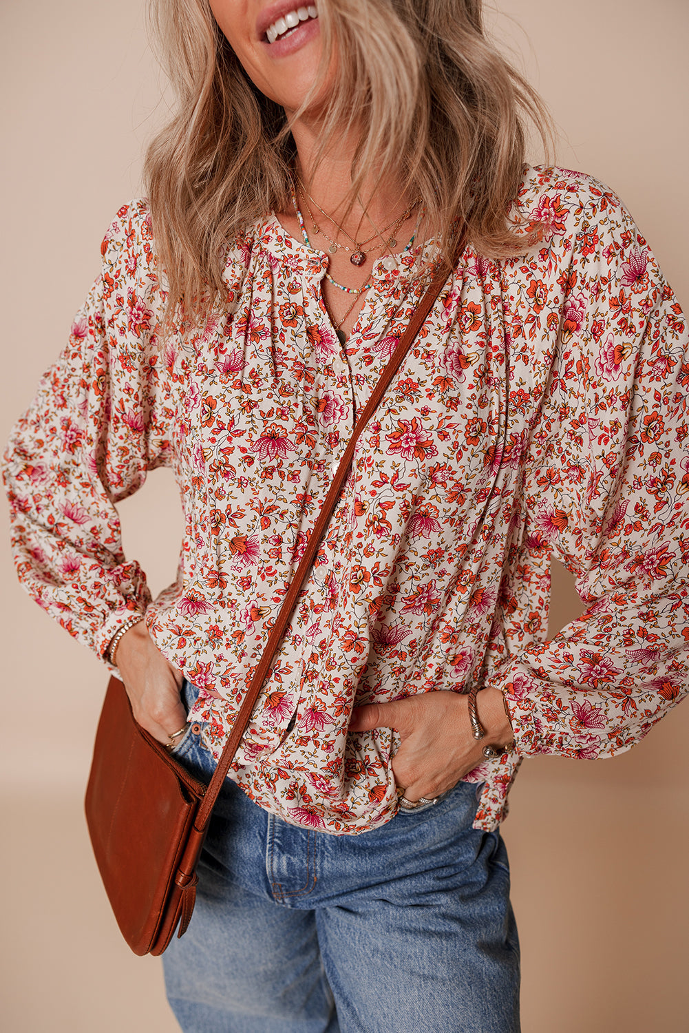 Floral-Print Notched Pleated Detail Neck Puff Sleeve Blouse