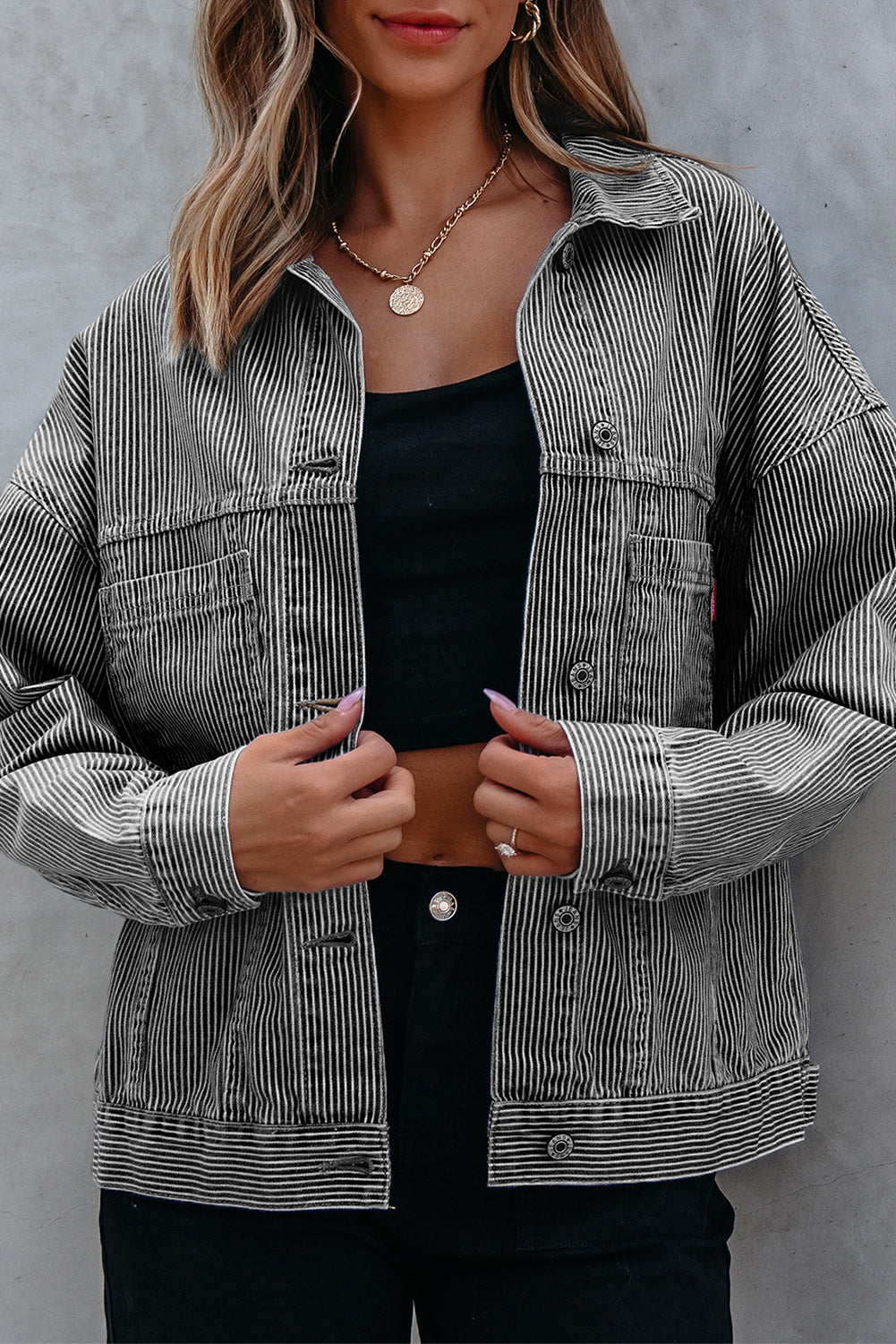 Washed Oversize Stripe Oversize Pocket-Detail Denim Jacket in Blue