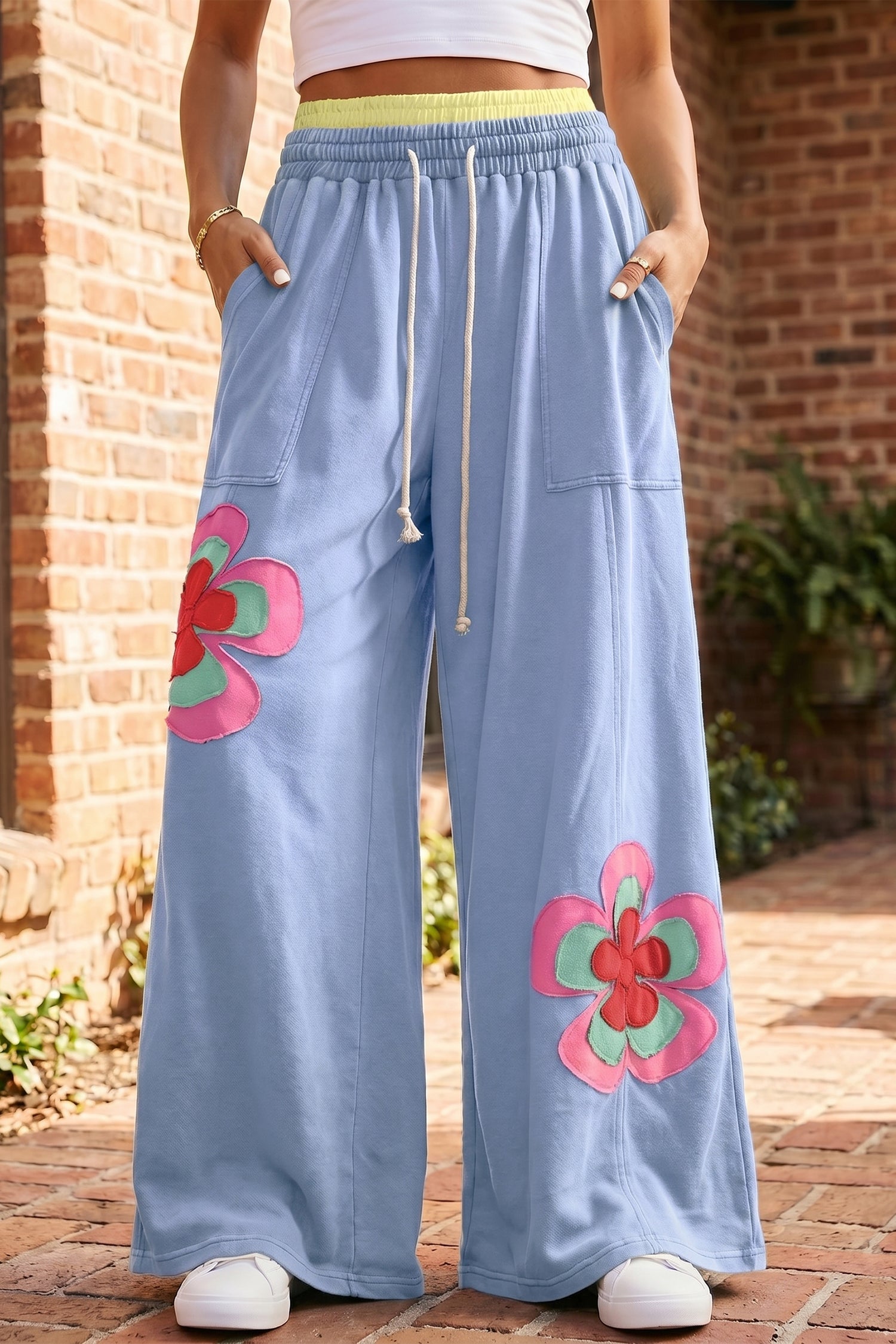 Flower Patchwork Elastic Waist Wide-Leg Pants in Sky Blue